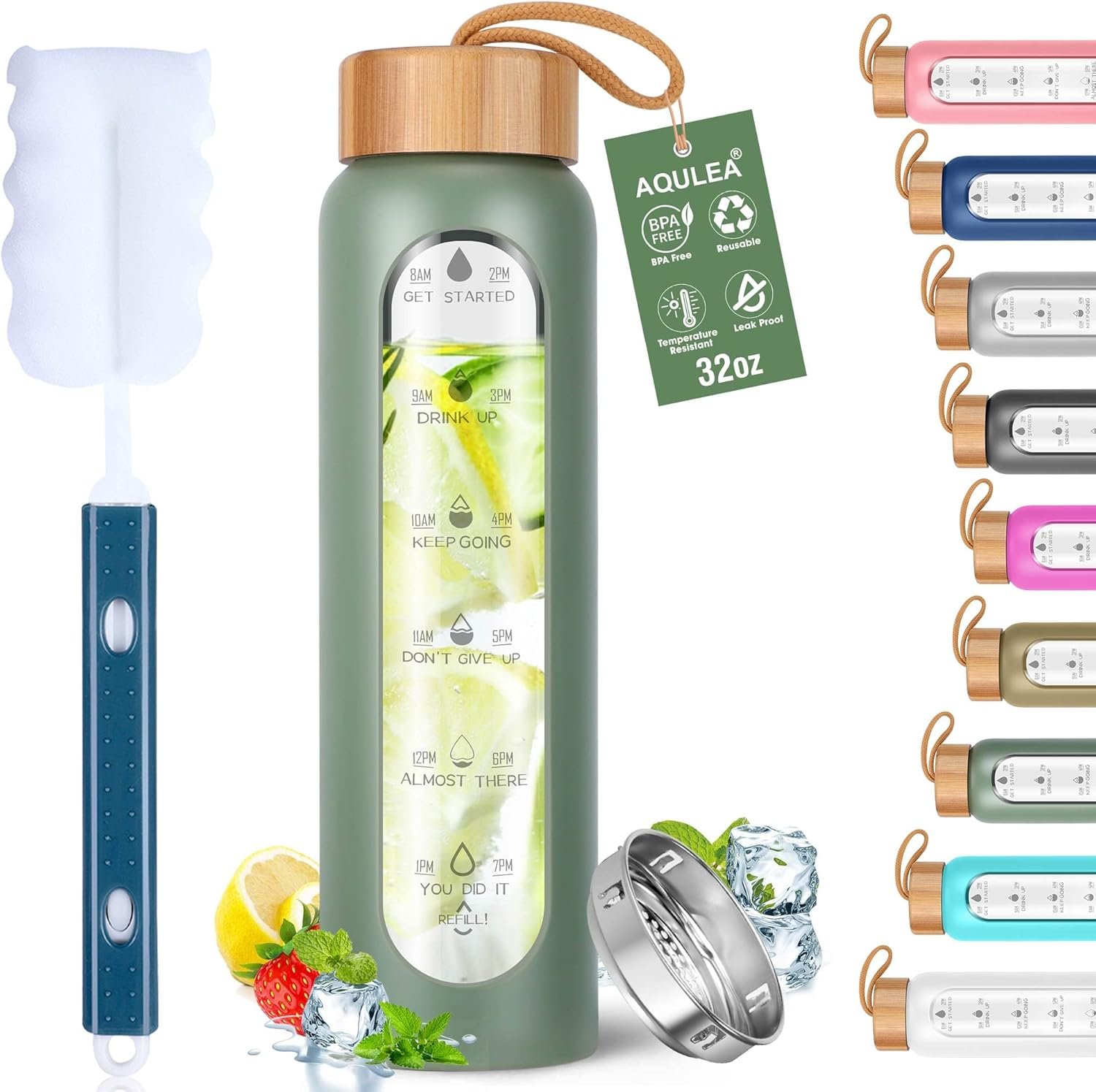 Aqulea Glass Water Bottles 32 Oz with Silicone Sleeve – BPA Free Reusable Wide Mouth Glass Motivational Water Bottles with Fruit Infuser – Leak Proof Borosilicate Water Bottle with Time Marker (Green)