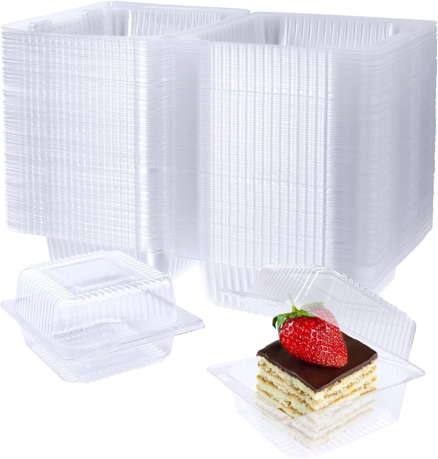 Jizvxe 100 Pack Clear Plastic Square Hinged Food Container,Disposable Plastic To Go Containers with Clear Lids,Cake Slice Containers Clamshell Takeout Tray for Pastry,Salad,Dessert(5.1″x 4.7″x 2.8″)