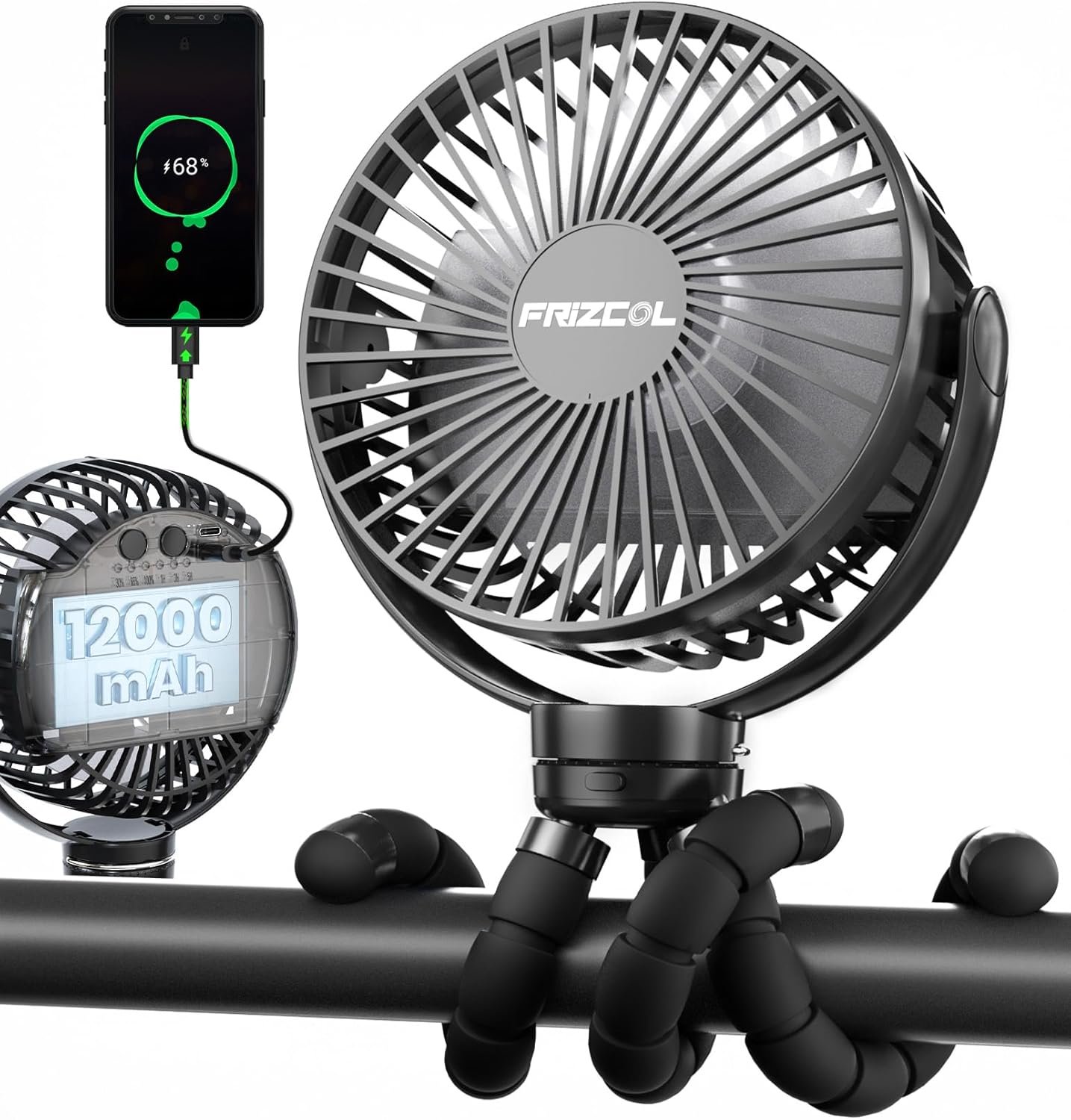 FRIZCOL Portable Stroller Fan, Use As Power Bank, 65H 12000mAh Battery Operated Fan Flexible Tripod Baby Car Seat Fans with Timming, Personal Mini Handheld/Desk/Small Clip On Fans For Stroller