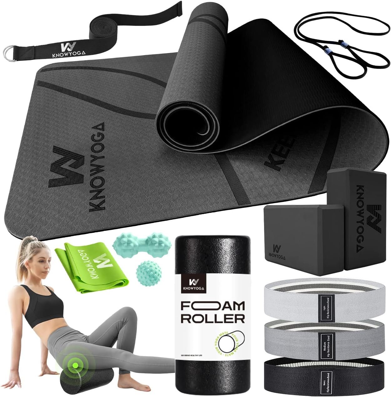 Yoga Starter Kit 12 in 1 – Yoga Set Include Yoga Mat, Foam Roller, 4 Resistance Bands, Yoga Blocks 2 Pack with Strap, 2 Peanut Massage Balls, Yoga kit and Sets for Beginners