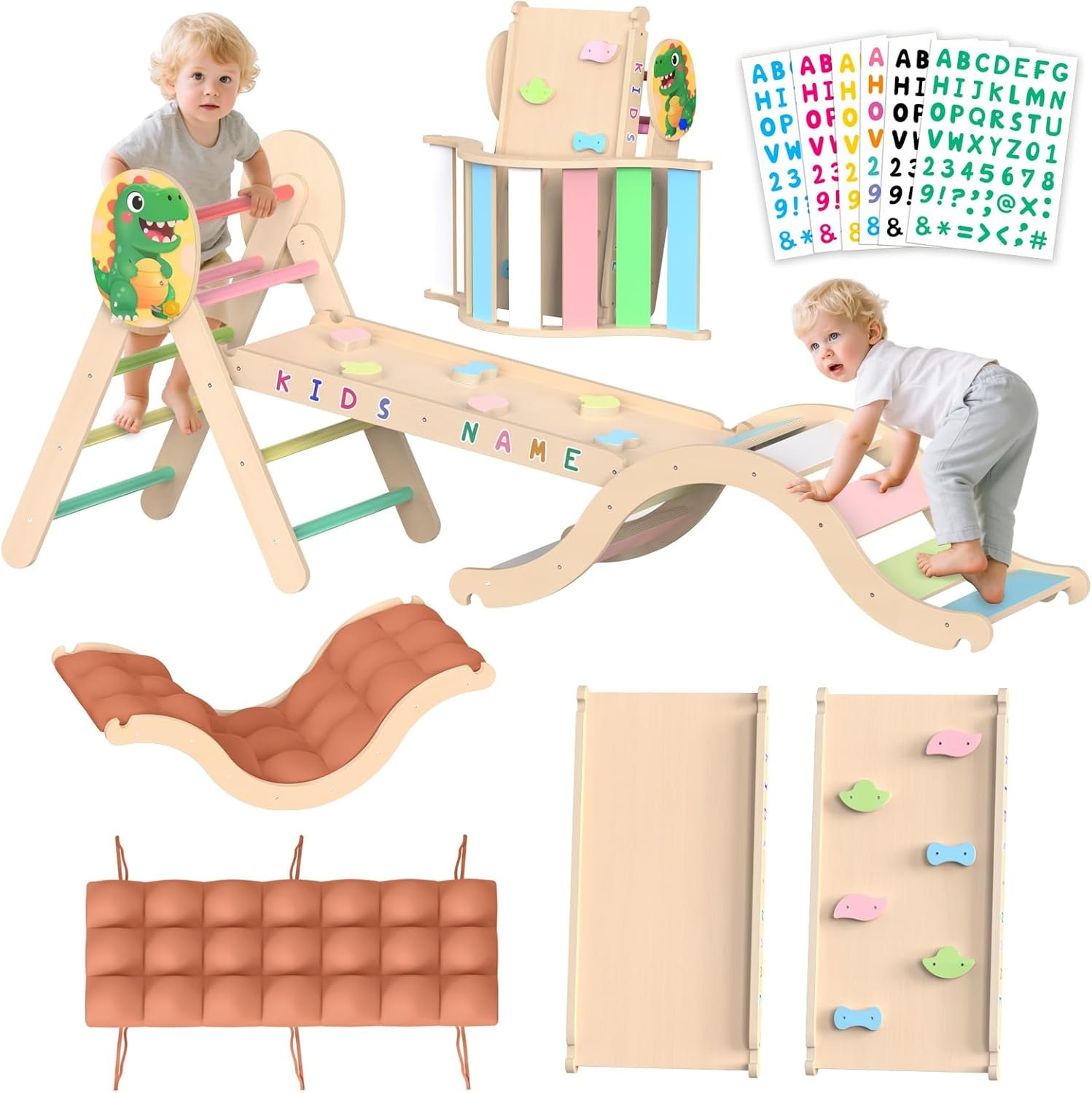 Acenova Pikler Triangle Climbing Set with Cushion and DIY Name Stickers, Montessori Wooden Climbing Gym for Toddlers, Indoor Jungle Gym, Dinosaur Pikler Triangle Arch Ramp Climber Toy