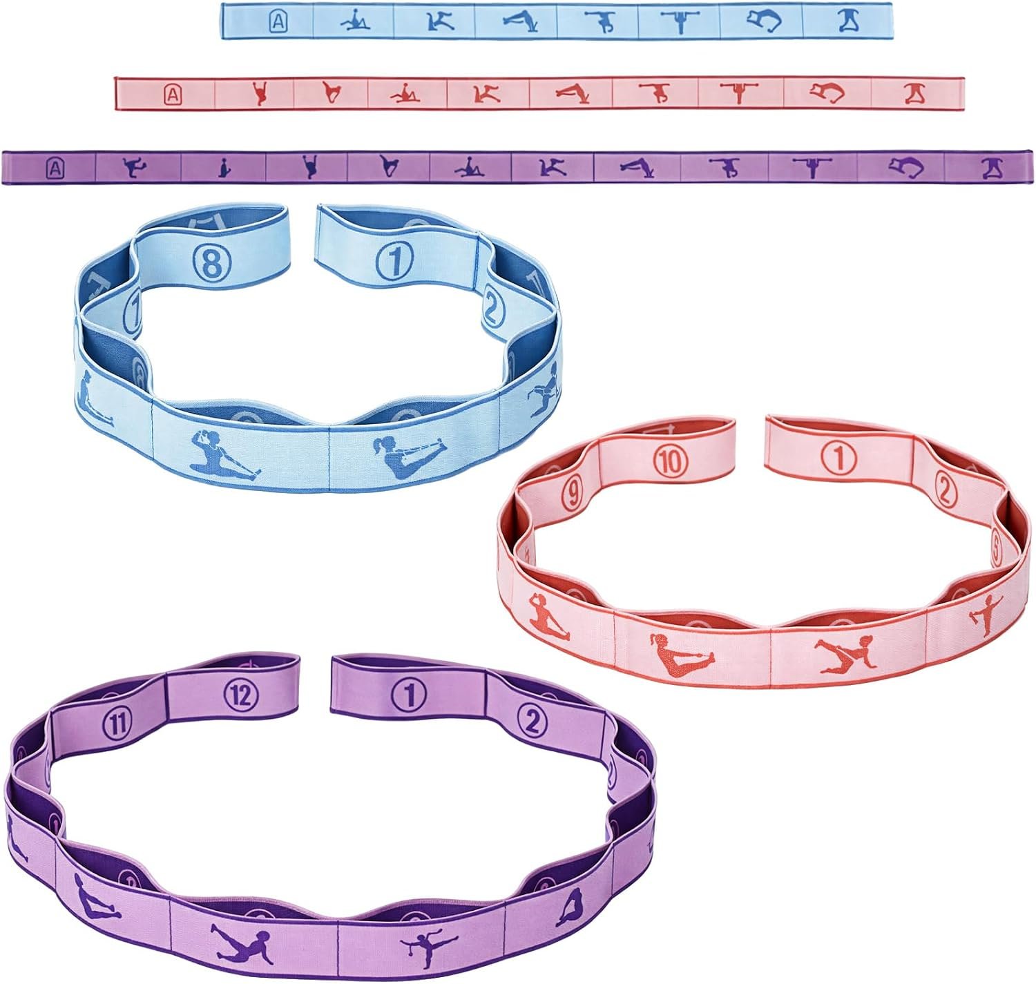 3 Pcs 8/10/12 Loops Yoga Stretch Straps Elastic Yoga Stretching Strap Multi Loop Stretch Bands for Exercise Therapy, Pilates, Dance, Gymnastics