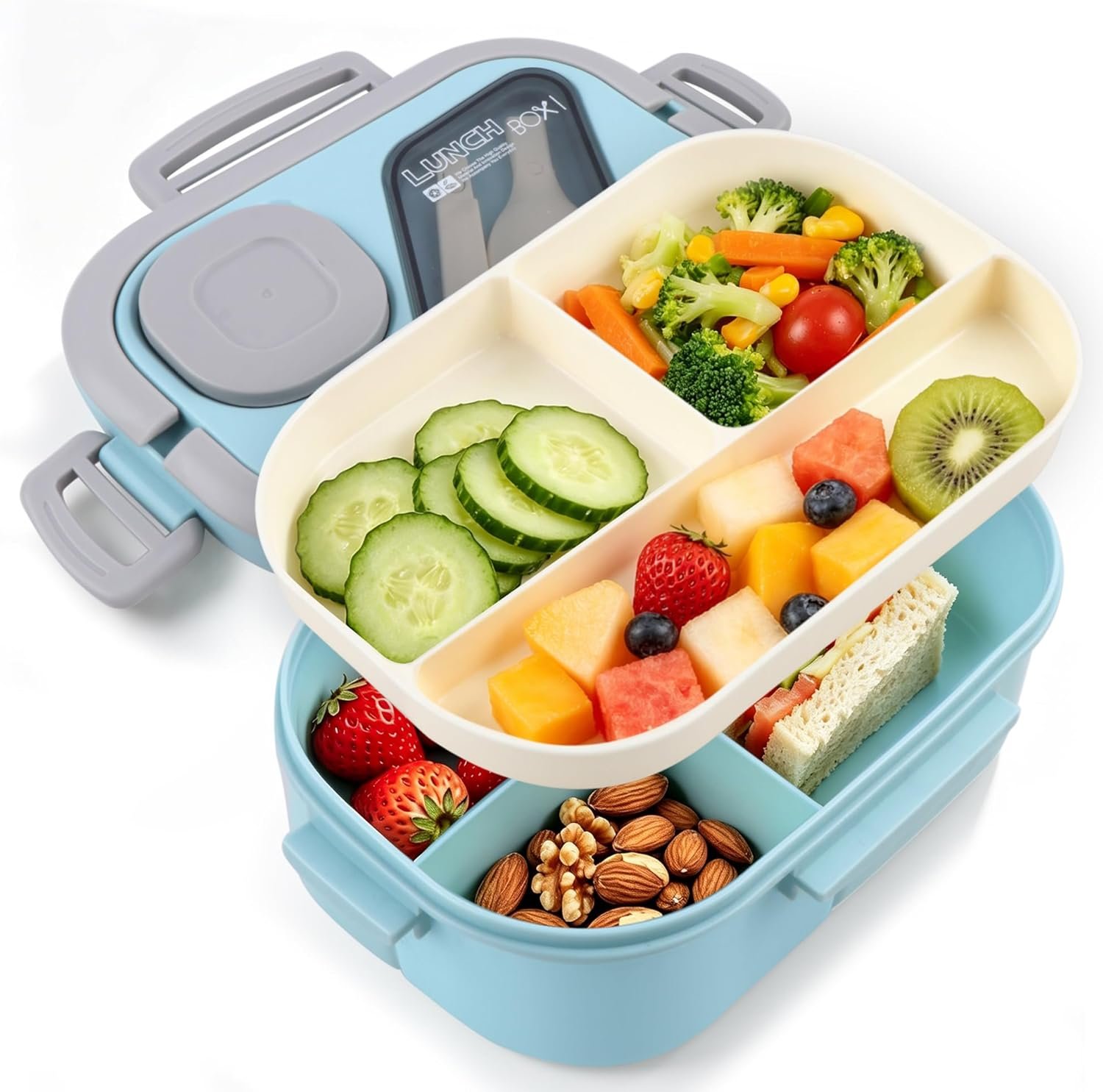 Adults Bento Lunch Box,Salad Container Large 43oz Salad Bowl, Bento-Style Tray for Toppings, 3oz Sauce Container for Dressings, and Built-In Reusable Fork