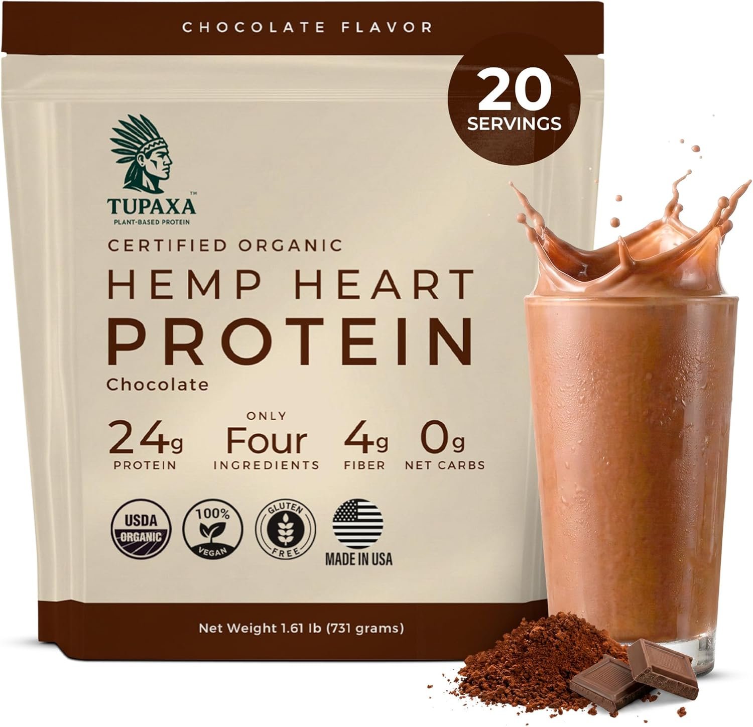 USDA Organic Hemp Protein Powder for Women & Men – Chocolate Pure Natural – Plant Based Powder, Vegan, Gluten Free, Keto – Hemp Seed Powder Cold-Pressed (20 Servings (1.61 lb), Chocolate)