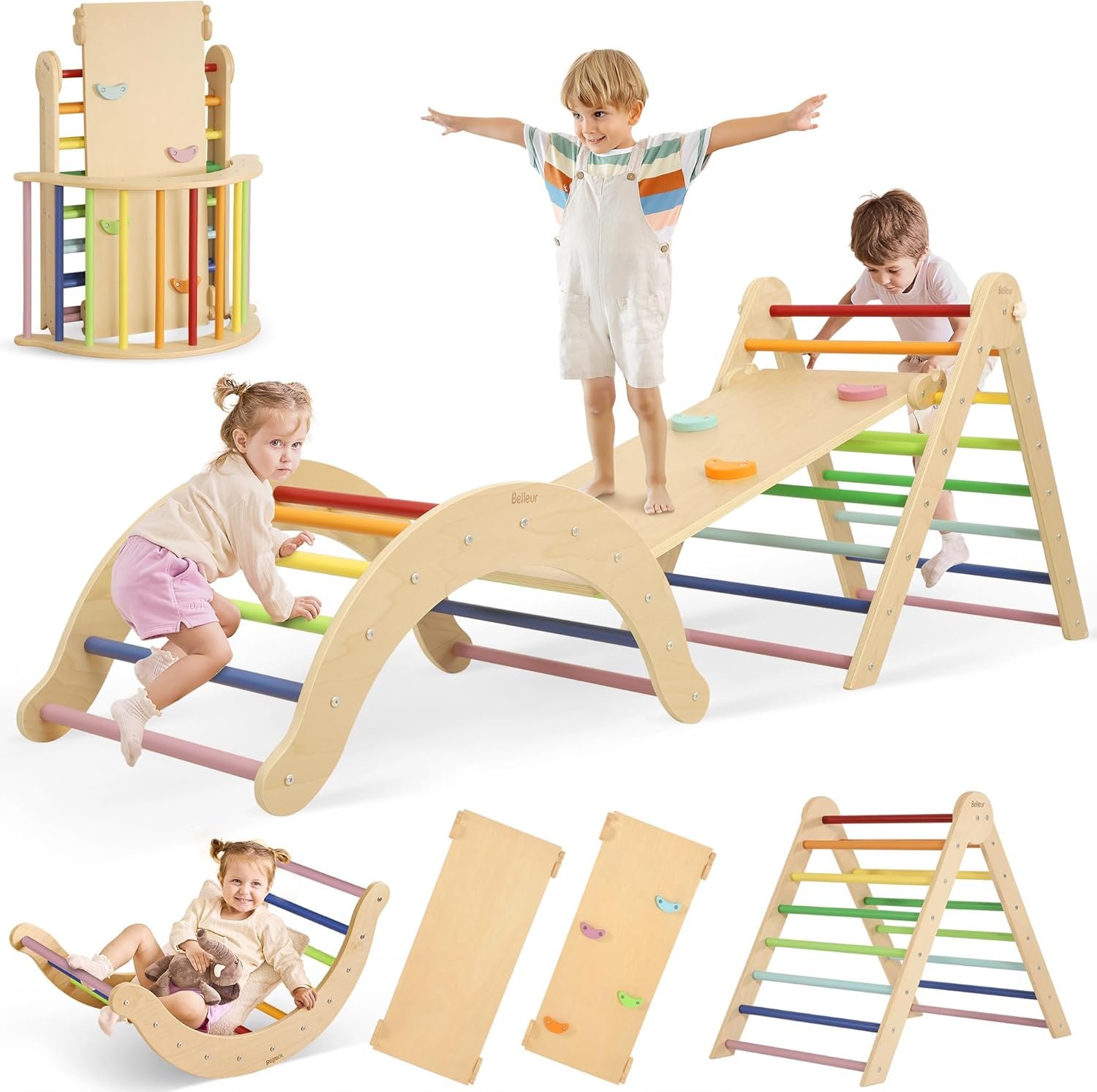 Belleur Pikler Triangle Set, 7-in-1 Foldable Climbing Toys for Toddlers 1-6 Years Old, Wooden Montessori Climbing Set with Arch, Ramp & Ladder, Baby Indoor Climber Jungle Gyms – Rainbow