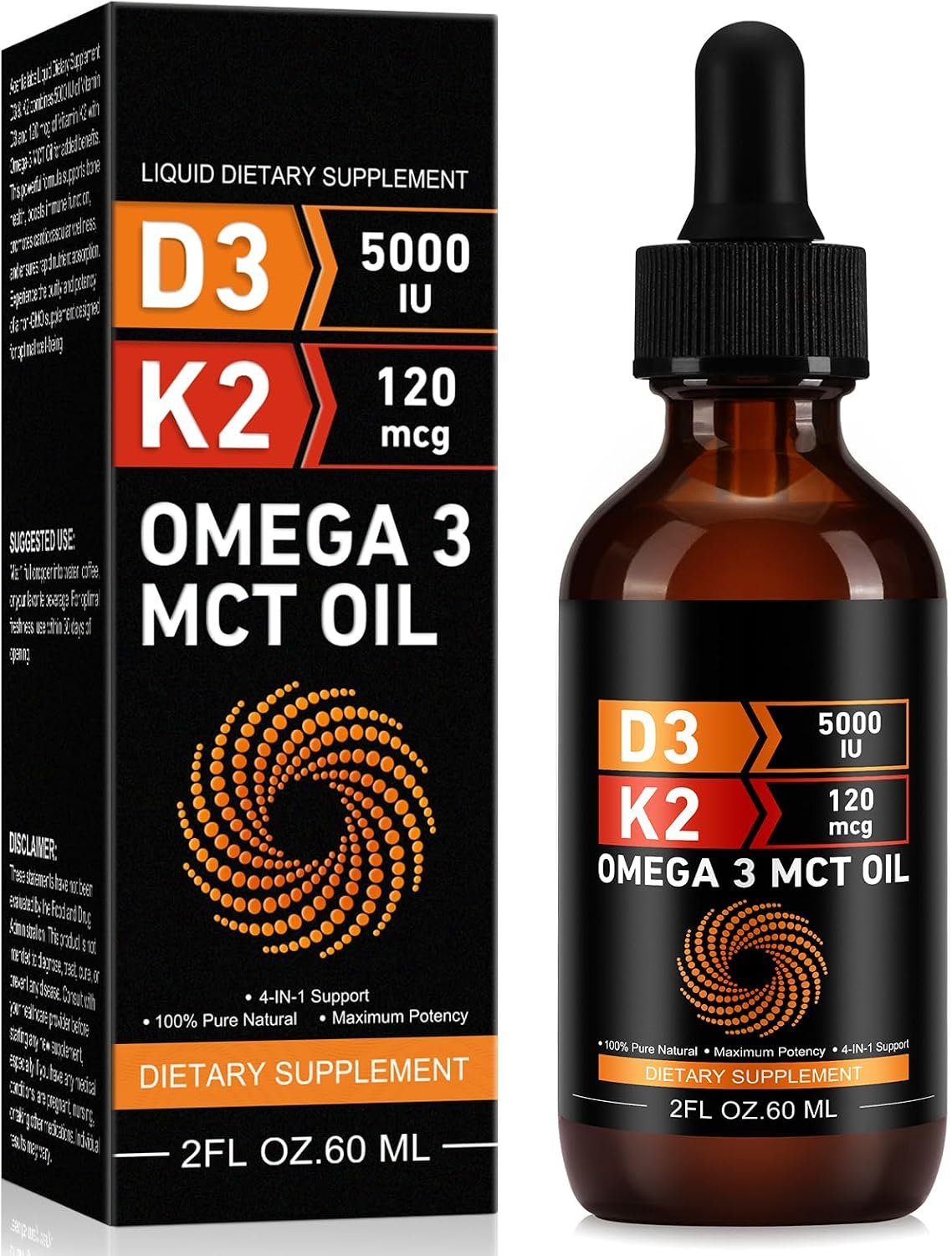 Daiasns Vitamin D3 5000 IU & K2 (MK-7) 120 mcg 60ml Drops with MCT Oil Omega 3, Liquid Vitamin D3 & K2 Supplements – 2 Months Supply -Supports Bones, Teeth, Mood & Immune System, Calcium Absorption