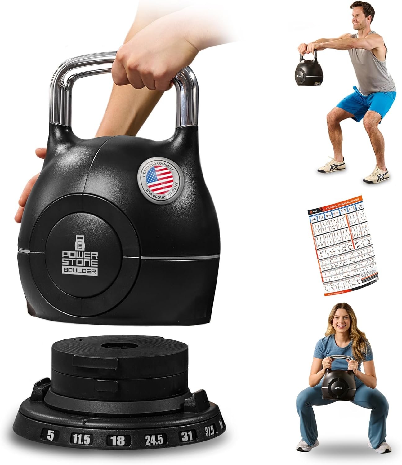 LifePro 7-in-1 Adjustable Kettlebell – PowerStone, Die-Cast Aluminum & Steel, Space-Saving Set with Handle-Twist Adjustment – Strength Training Kettlebell with Storage Base