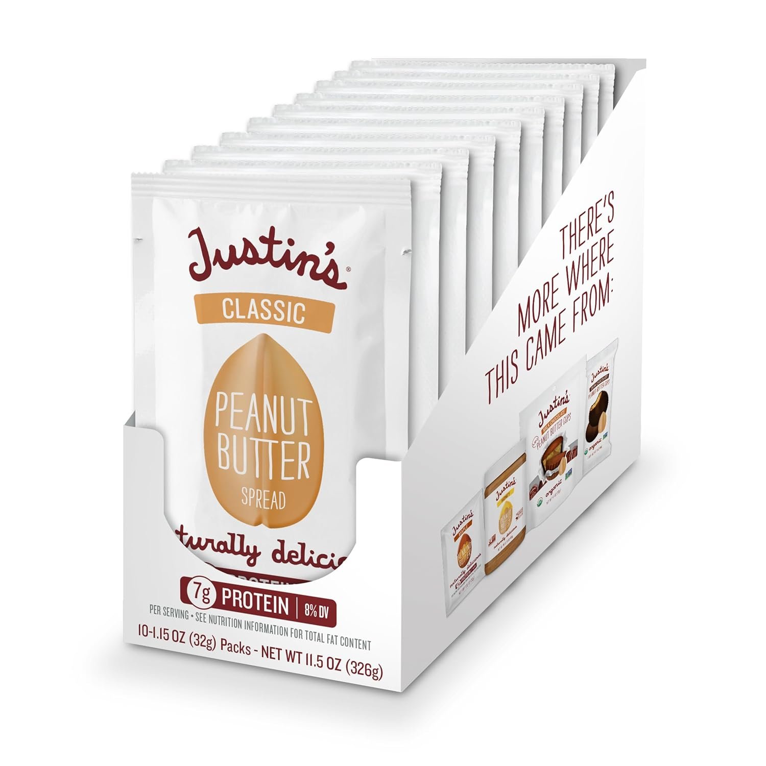 JUSTIN’S Classic Gluten-Free Peanut Butter Spread Squeeze Packs, 1.15 Ounce (10 Pack)