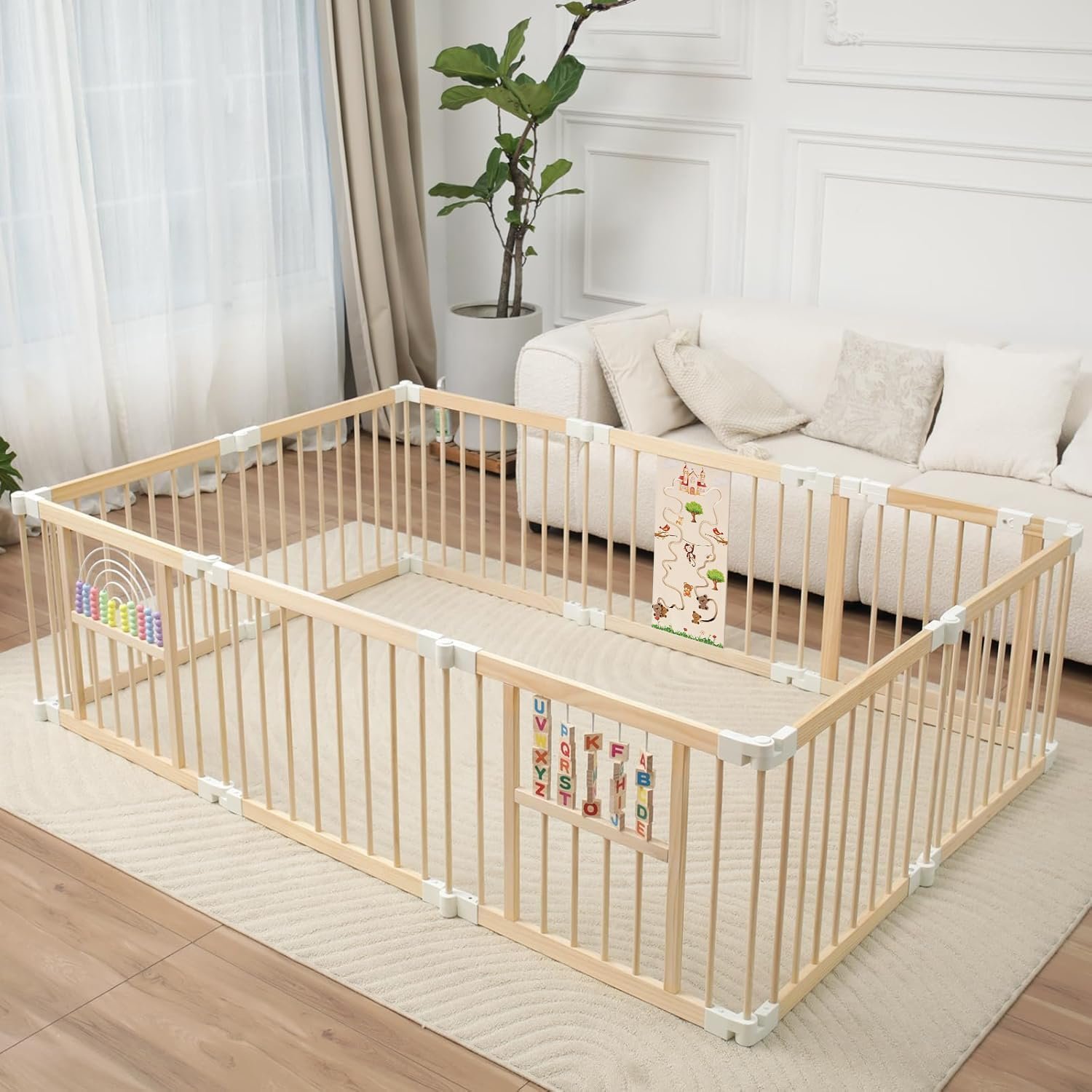 Ulnxiy Wooden Baby Playpen with Montessori Toys, 10-Panel Foldable Wood Play Yard for Toddlers, 84″x56″ Large Baby Fence with Safety Lock, CPC Certified Natural Pine Wood Activity Center