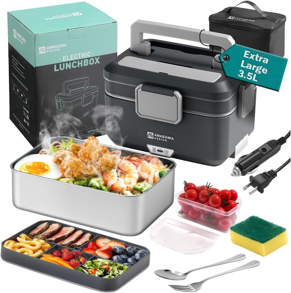 Annie & Mia Design Electric Lunch Box for Adults, 100w 3.5L 2-Layer Portable Food Warmer, Dual Mode 2.5L + 1L Heated Lunch Box for Adults, Home/Car/Office/Truck Use, Lonchera Eléctrica Portátil
