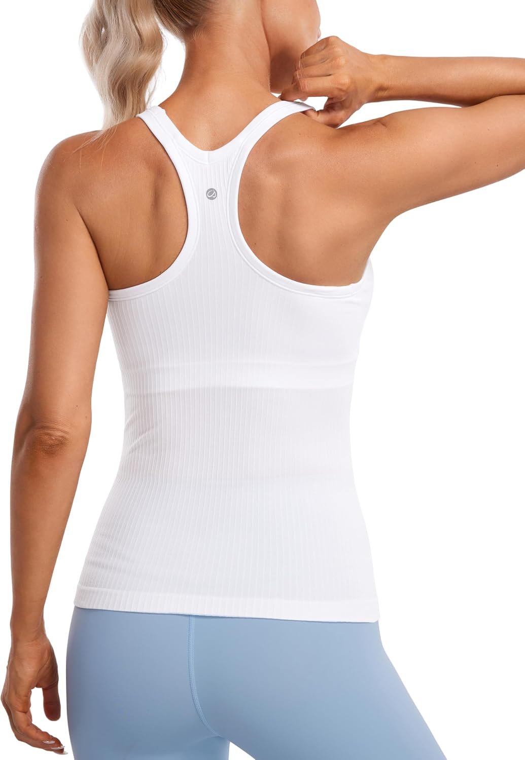 CRZ YOGA Womens Seamless Ribbed Racerback Tank Tops with Built in Bra – Padded Scoop Neck Slimming Athletic Long Camisole
