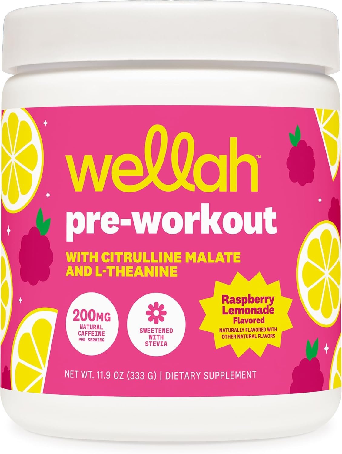 Wellah Pre-Workout Drink Mix (Raspberry Lemonade Flavored, 30 Servings) – with Citrulline Malate and L-Theanine, 200mg of Natural Caffeine & 1000mg of Beta-Alanine