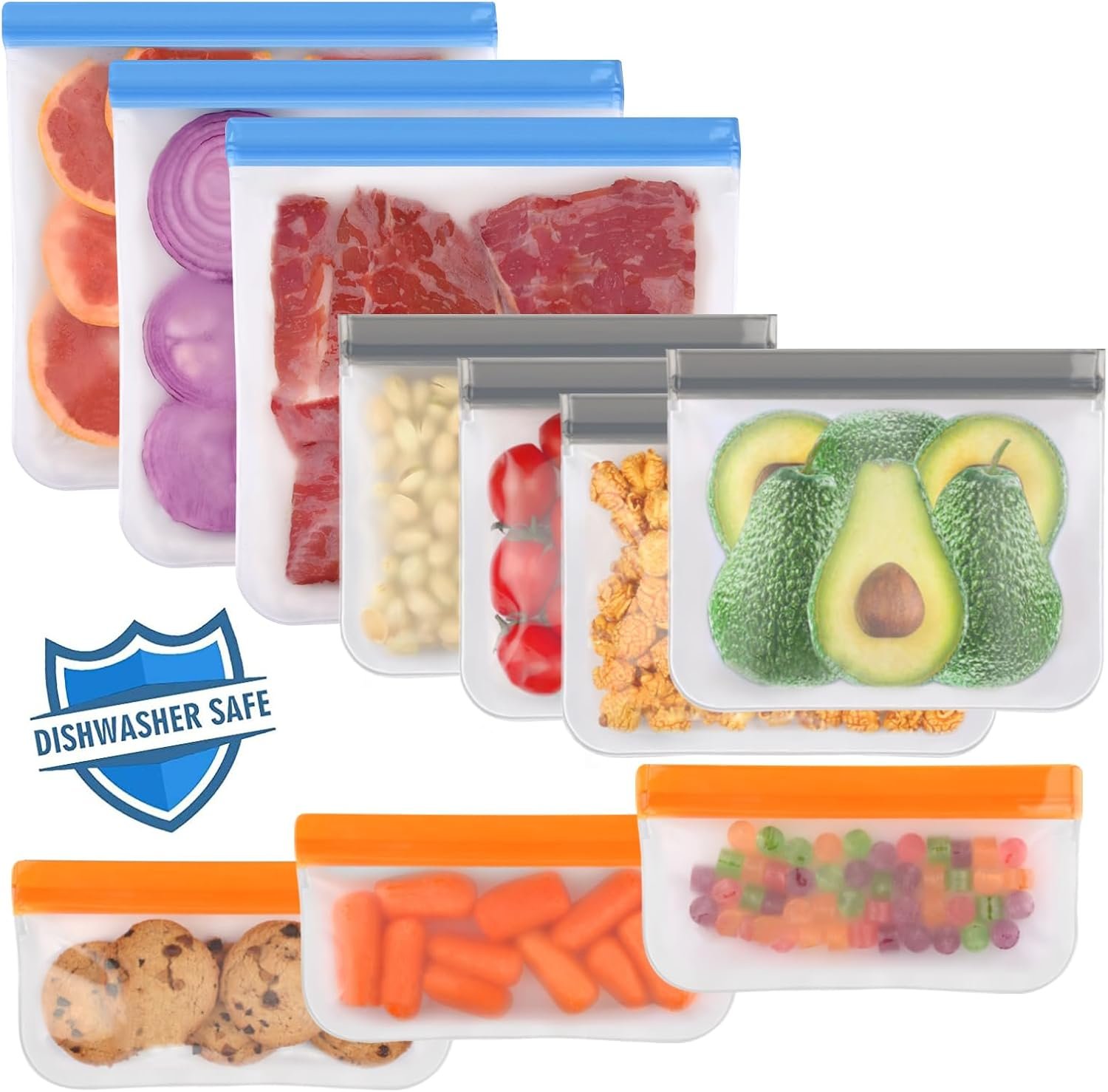 Lerine 10 Pack Dishwasher Safe Reusable Bags, Leakproof Reusable Freezer Bags, BPA Free Food Storage Bags for Marinate Food Travel – 3 Gallon 4 Sandwich 3 Snack