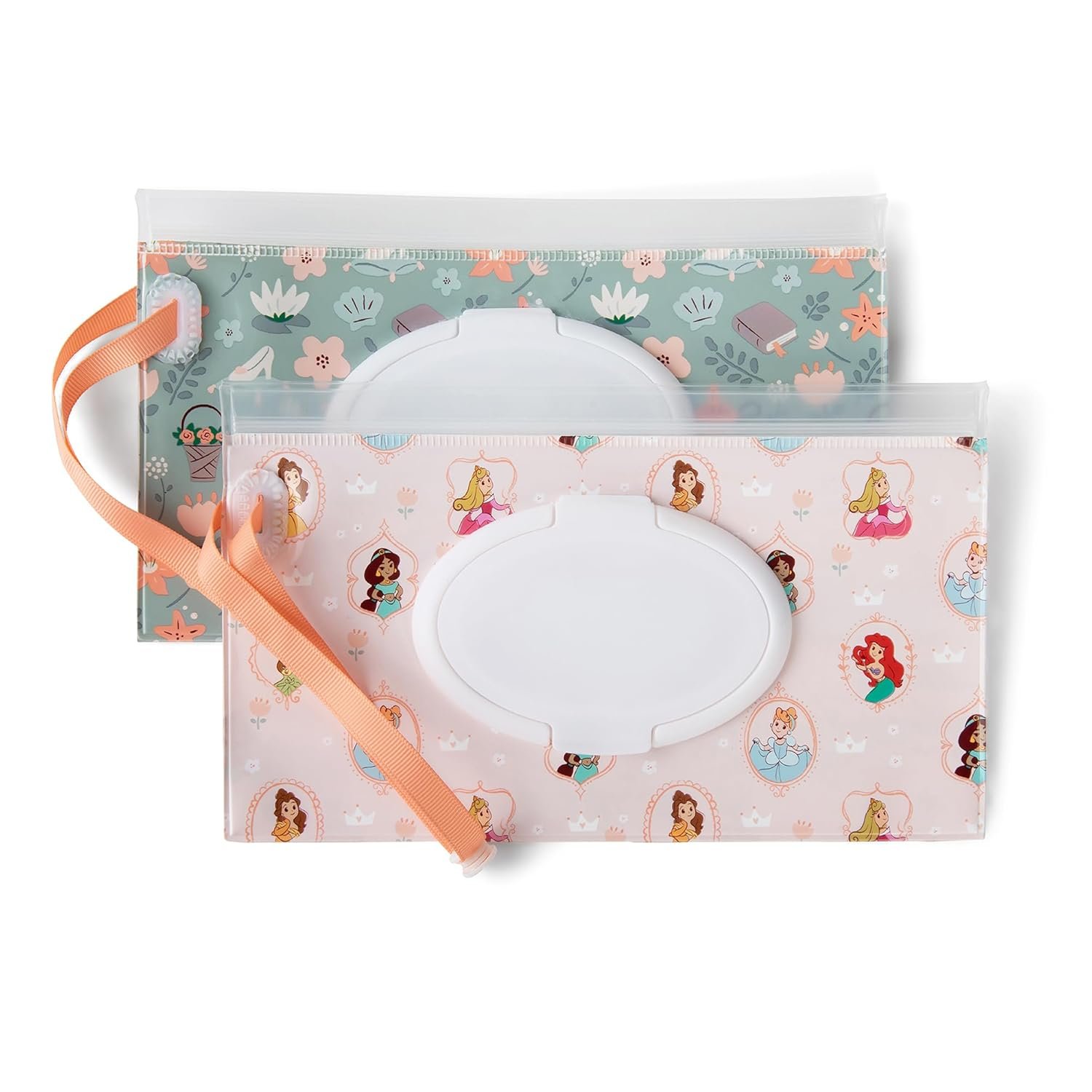 Disney Baby by J.L. Childress Reusable Wet Wipes Case Pouch – Refillable Baby Wipes Dispenser, Travel Essential for On the Go, Portable Holder with Wrist Strap – Princess, 2 Pack