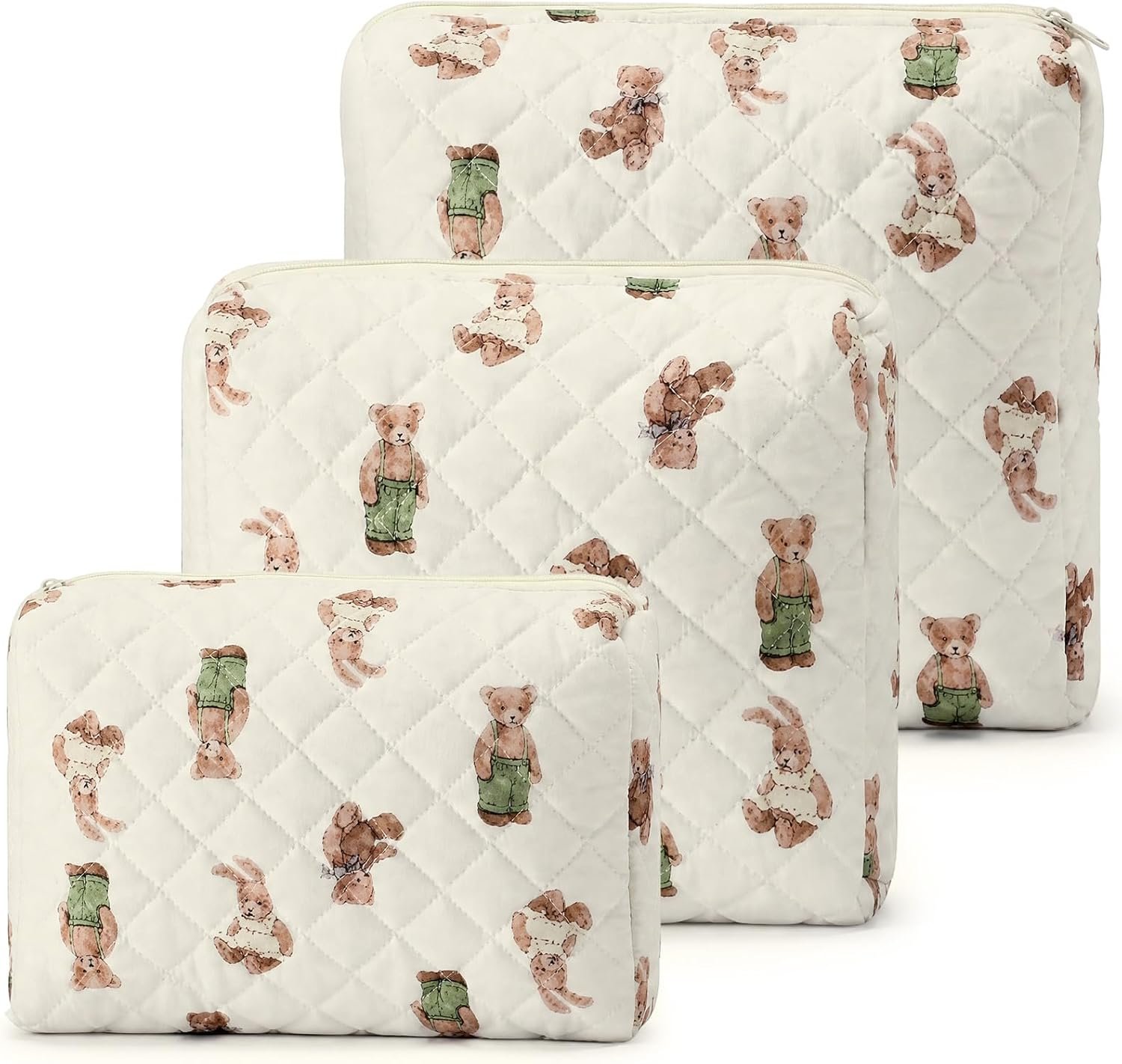 3 Pack Diaper Bag Organizer Pouch Set Quilted Cotton Cute Bear Diaper Pouches Fabric Coquette Cosmetic Makeup Bag Set Soft Toiletry Bags Travel Organizer Bags for Women and Girls