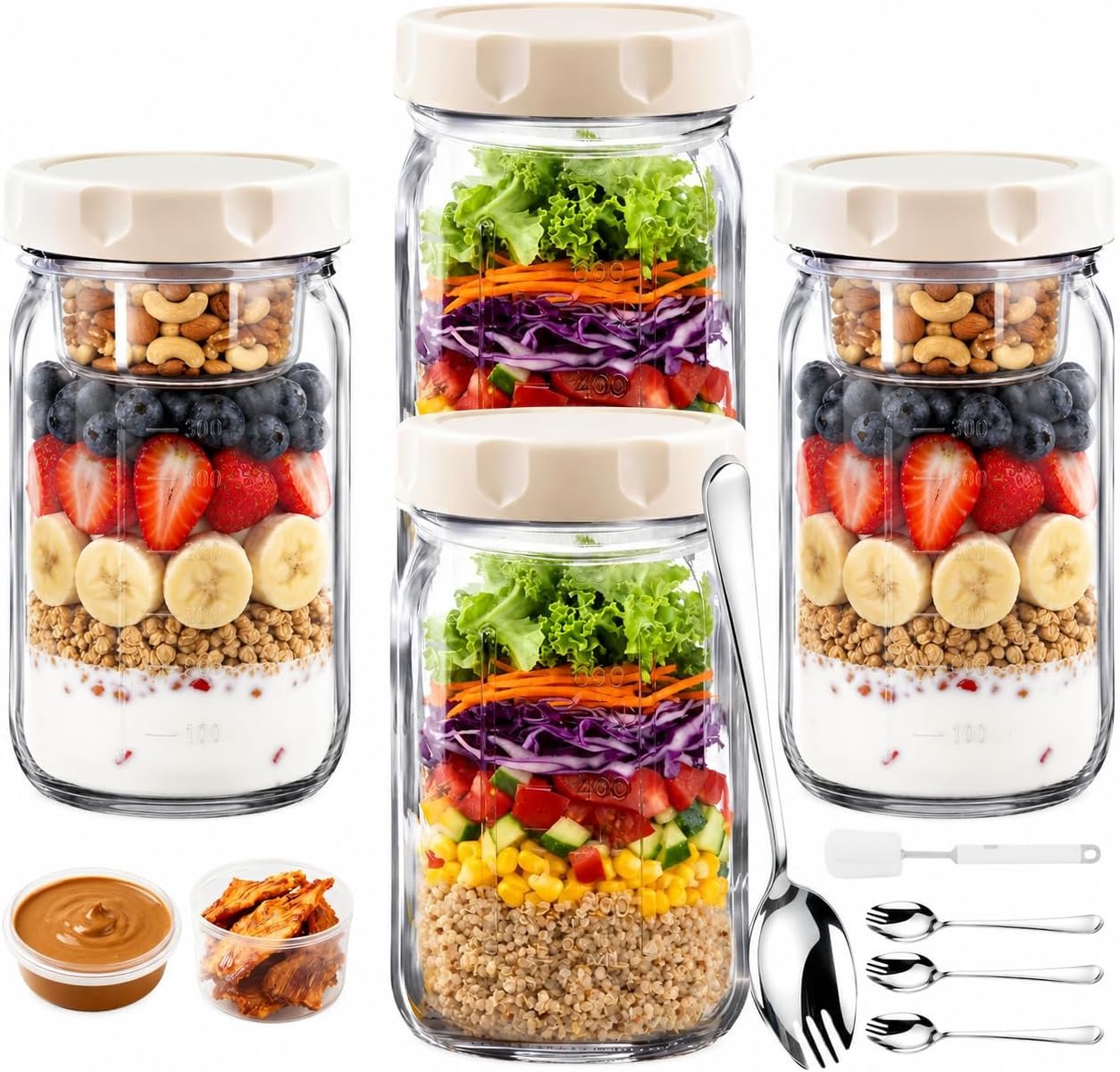 9PCS Salad Meal Prep Containers, 32oz Large Glass Salad Jars with Lids Meal Prep with 4 Forks, Leakproof Salad Container for Lunch with Separate Wet/Dry Dressing Cups for Home, Office and Outdoor