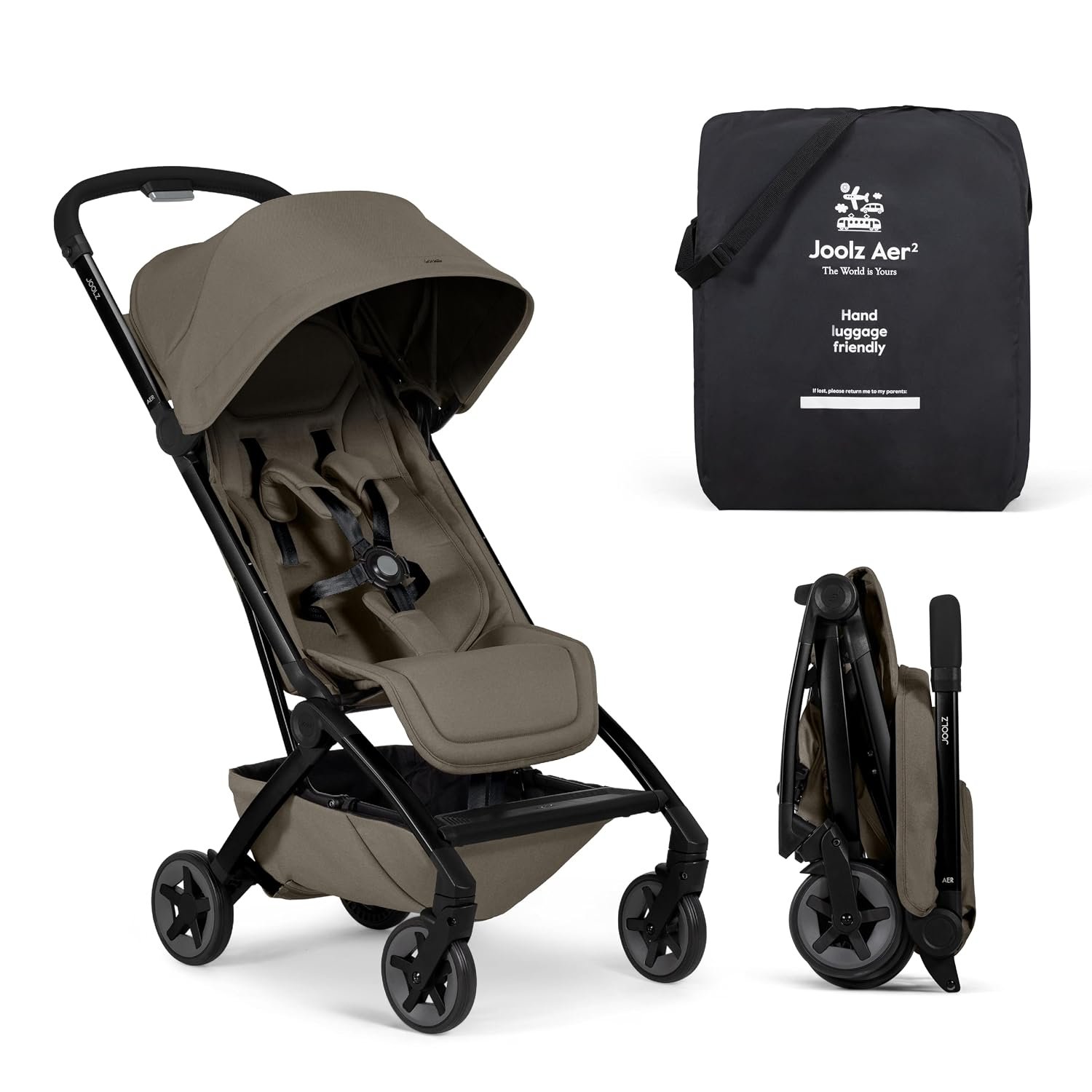 Joolz Aer2 Lightweight Travel Stroller for Baby & Toddler – One-Hand Fold, Compact Carry-On Airplane Approved, Reclining Seat, UPF 50+ Canopy, Travel Pouch, Baby Net – Hazel Brown