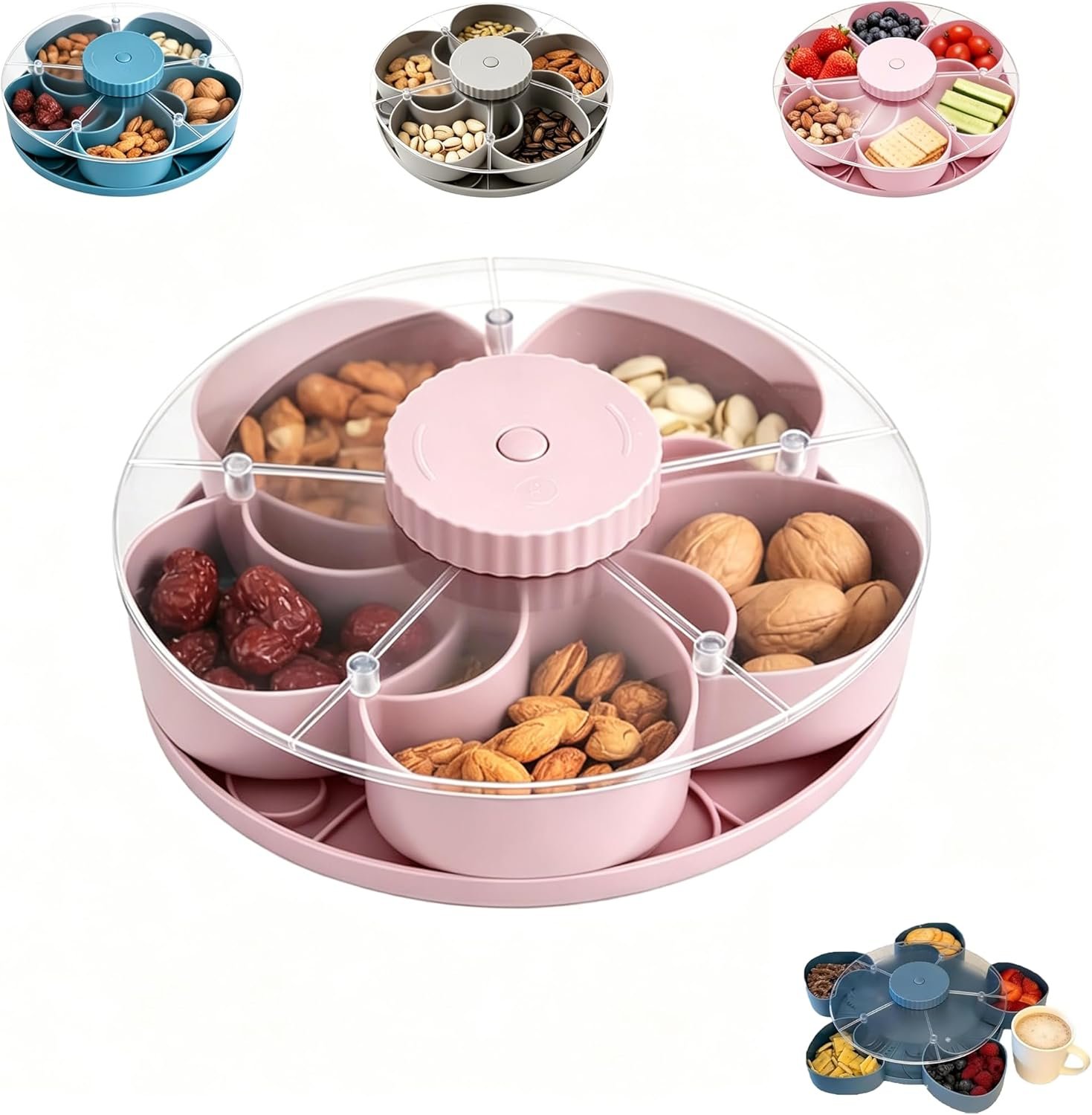 Divided Serving Tray that Spins – Perfect for Snacks, Dips & Party Appetizers with Lid, 5-Compartment Lazy Susan Organizer, Portable Veggie Platter for Party|Travel|Picnic (Pink)