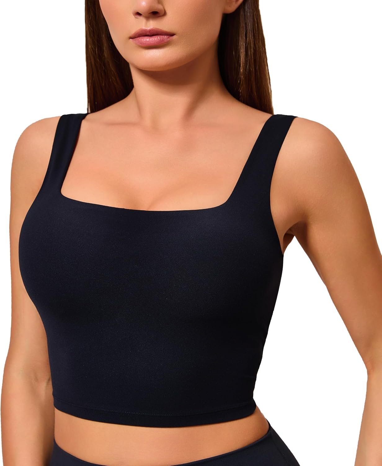 Oalka Women’s Square Neck Sports Bra Longline Padded Cropped Yoga Tank Workout Top Camisole