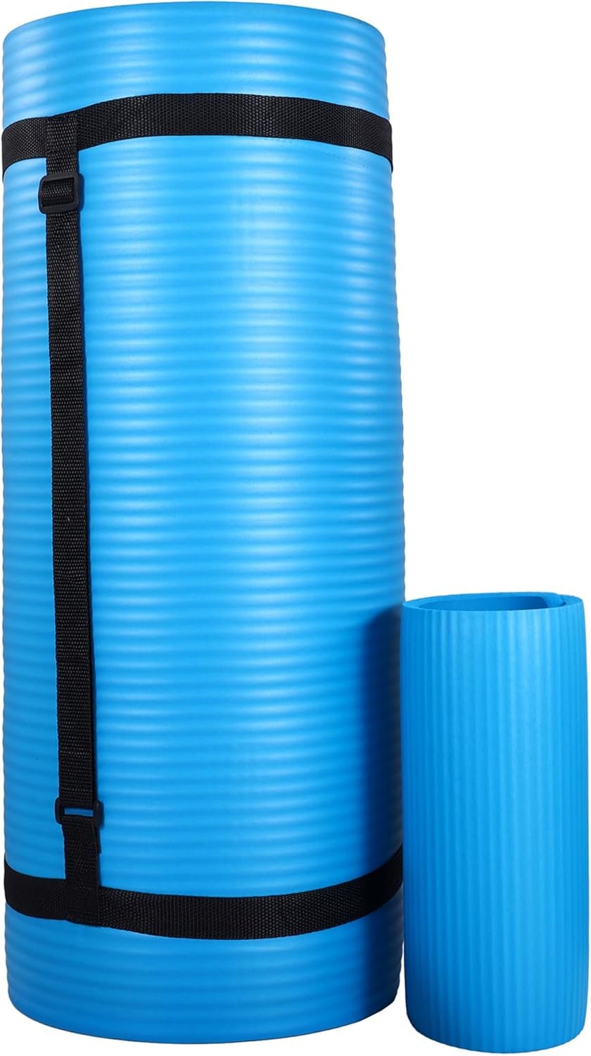 BalanceFrom 71×24 Inches Yoga Mat with Knee Pad and Optional Blocks – Extra 1-Inch Thick Non-Slip Foam with Anti-Tear Surface and Carrying Strap for Home, Studio, or Gym Workouts