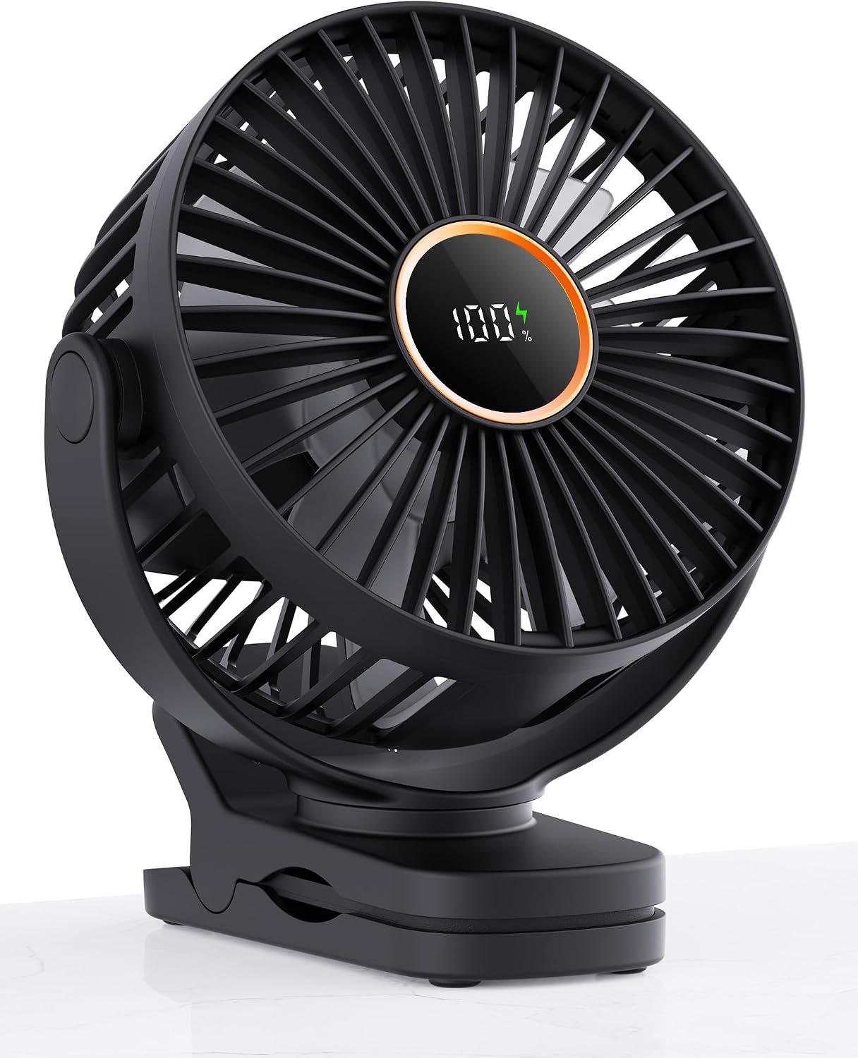TUNISE Mini Clip on Fan, Battery Operated Desk Fan, Digital display，3 Speeds Adjustable, Bidirectional 360 ° Adjustable, Super Strong Wind, Portable Fan for Home Office Stroller Camping Black