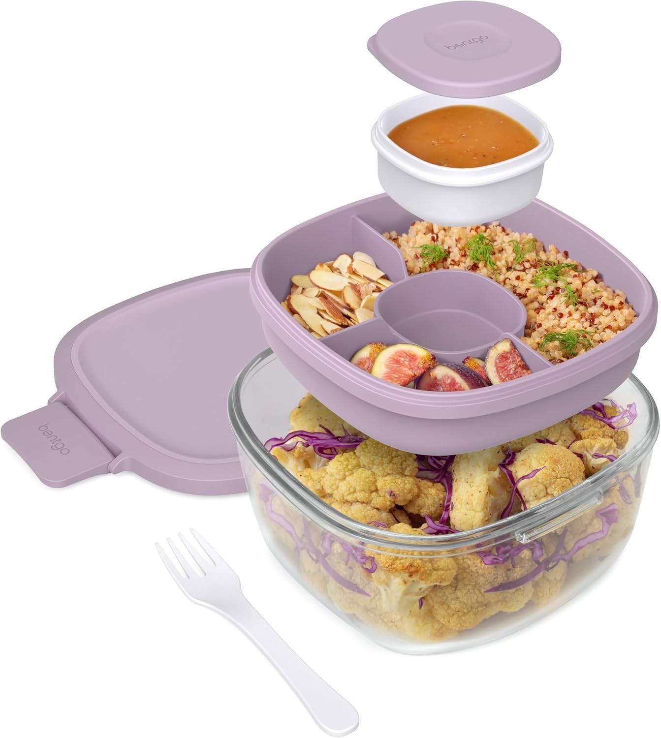 Bentgo Glass Salad Container – 7.6-Cup Salad Bowl with Airtight Lid, Leak-Proof Sauce Container, 4-Compartment Bento Tray & Reusable Fork – BPA-Free for Meal Prep, Office & More (Lavender)