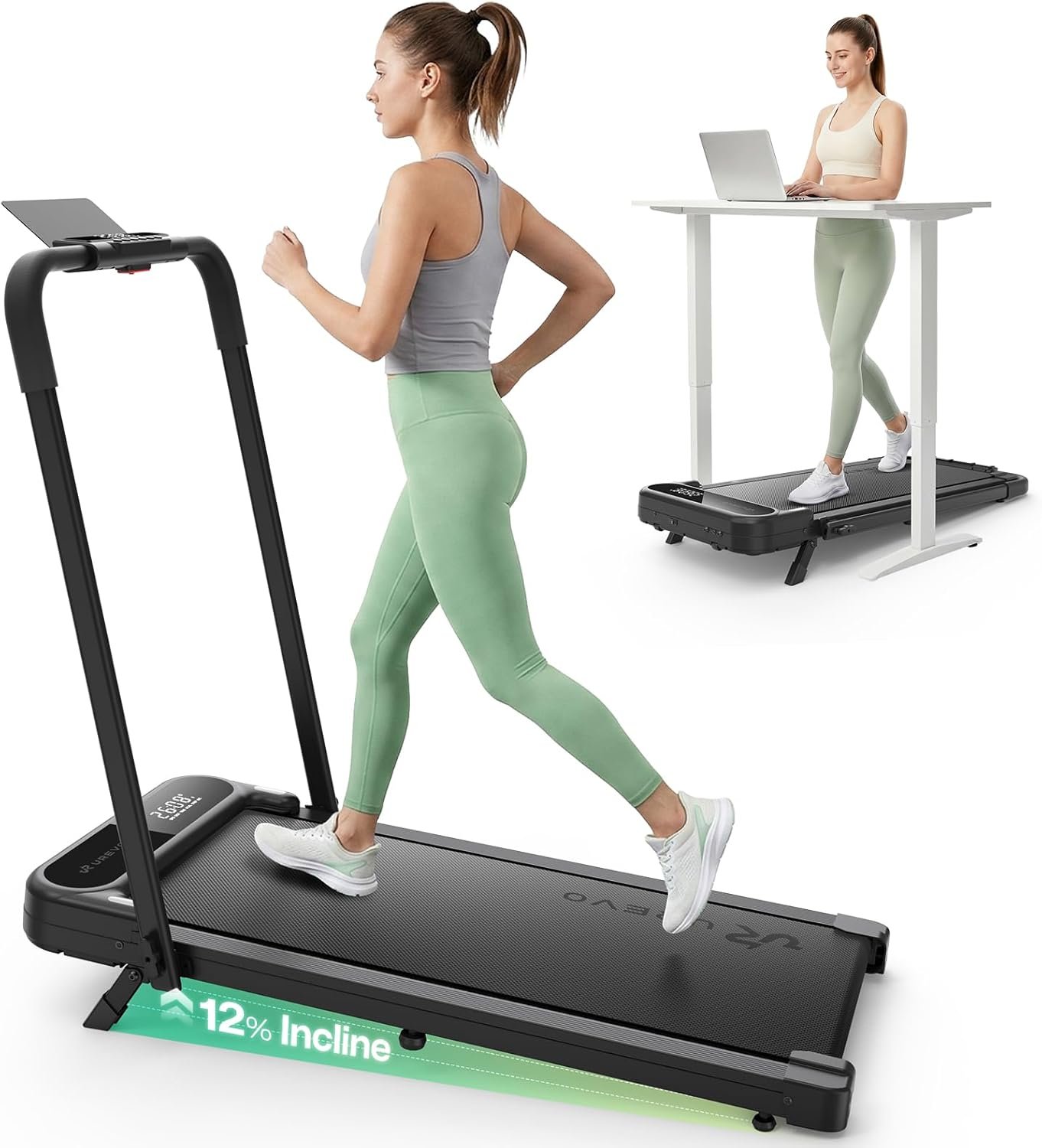 UREVO Strol 2E Pro Smart Incline Walking Pad Treadmill with APP, 12% Incline, Compact Walking Pad with Safety Handle, Plug & Play, Desk Treadmill with LED Display, Walking & Running for Home Office