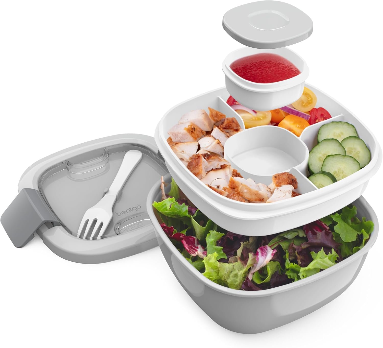 Bentgo Salad Container – 54 oz Bowl with 4-Compartment Toppings Tray, Leak-Proof Dressing Container, Reusable Fork, BPA-Free Lunch Box for Meal Prep & Food Storage; Removable Bento Tray (Gray)