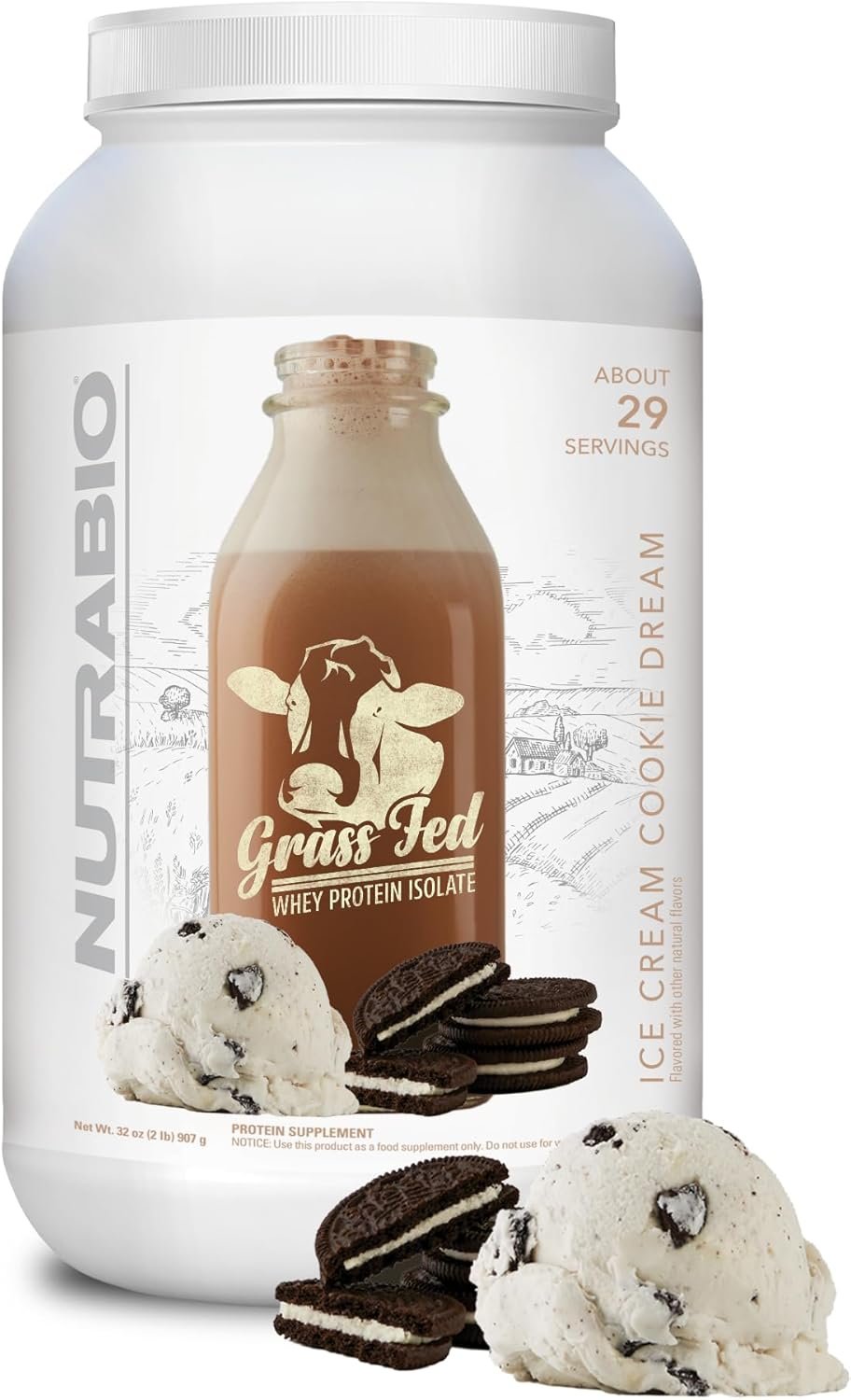 NutraBio Grass Fed Whey Isolate Protein Powder – 25G of Protein per Scoop – Sugar Free, Natural, Lean Muscle Supplement – Ice Cream Cookie Dream – 2 Pounds, 29 Servings – Keto Friendly