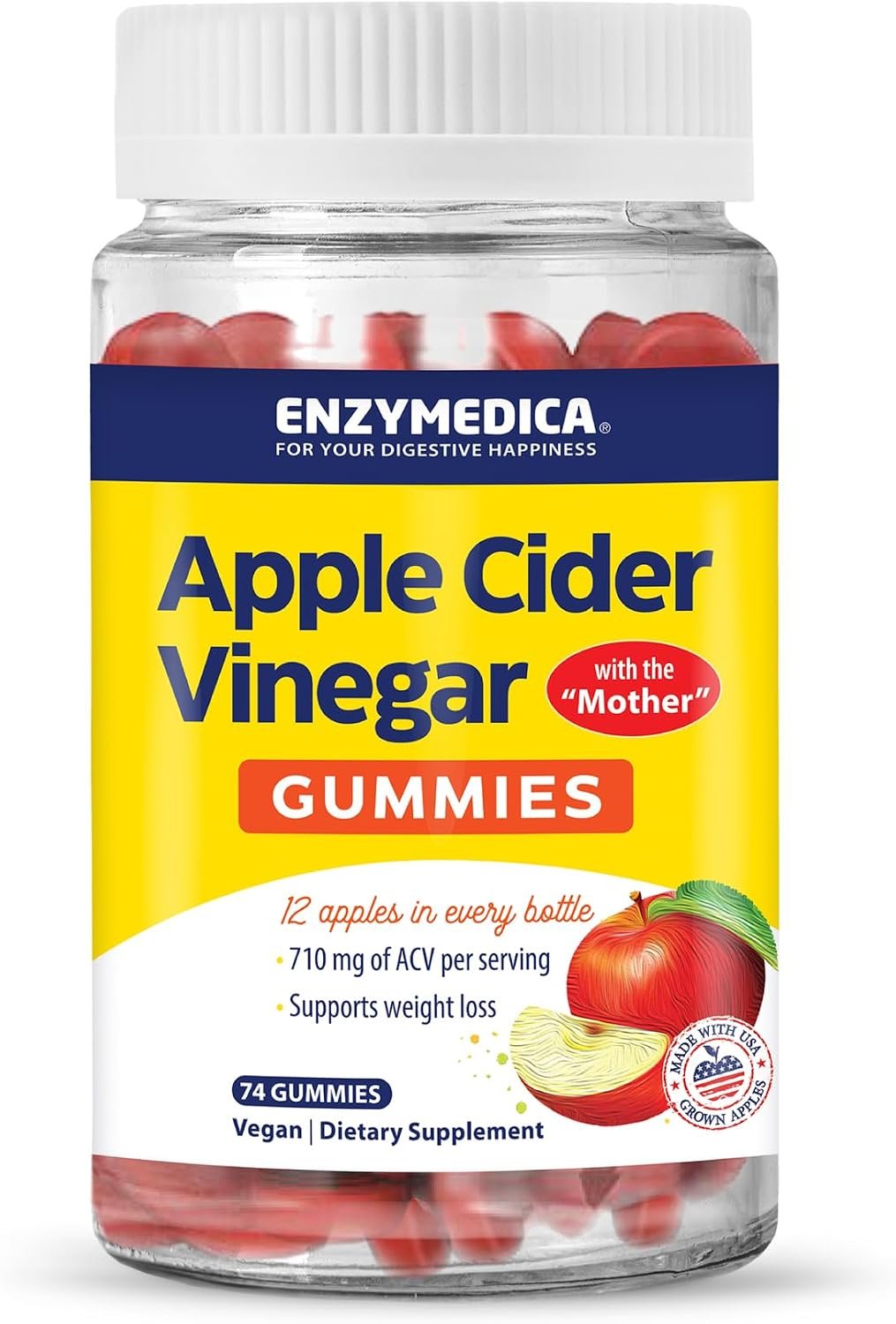 Enzymedica Apple Cider Vinegar Supplement for Women & Men – Apple Cider Vinegar Gummies with Mother, 1000 mcg Vitamin B12 & 710 mg ACV per Serving, Gut Health & Digestive Support, Vegan – 74 Count