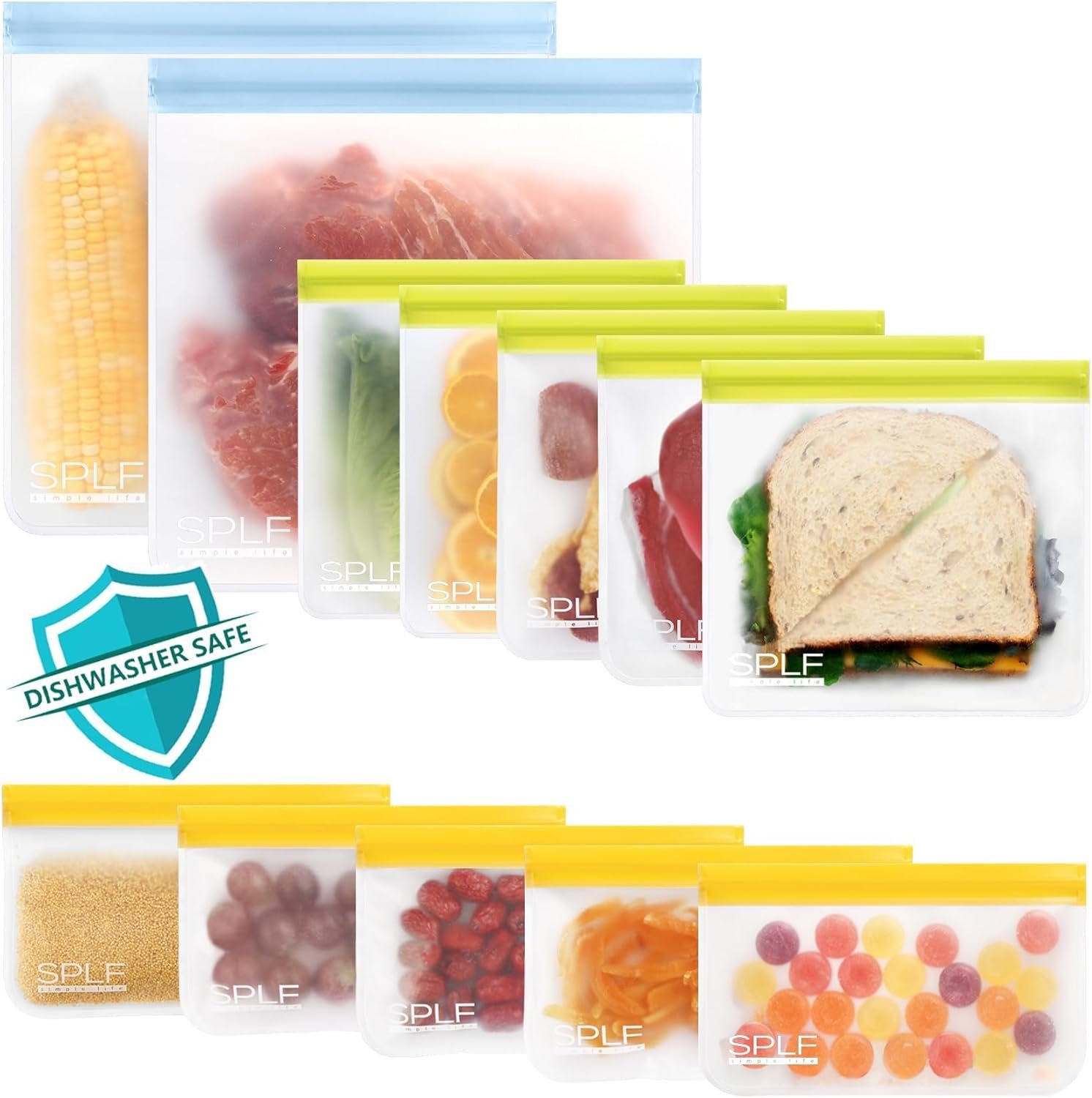 SPLF 12 Pack Dishwasher Safe Reusable Bags, Leakproof Reusable Freezer Bags, BPA Free Food Storage Bags for Lunch, Meal Prep, Marinate, Veggies, Travel – 2 Gallon 5 Sandwich 5 Snack