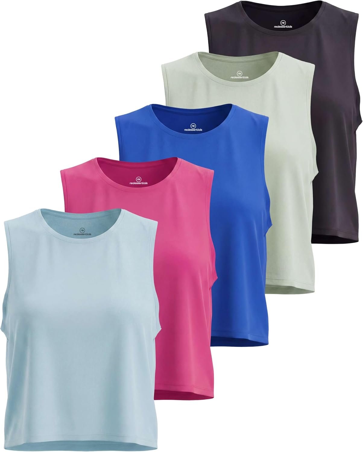 Real Essentials 5 Pack: Women’s Dry Fit Crop Summer Tank Top – Gym Yoga Workout Sports Tee (Available in Plus Size)