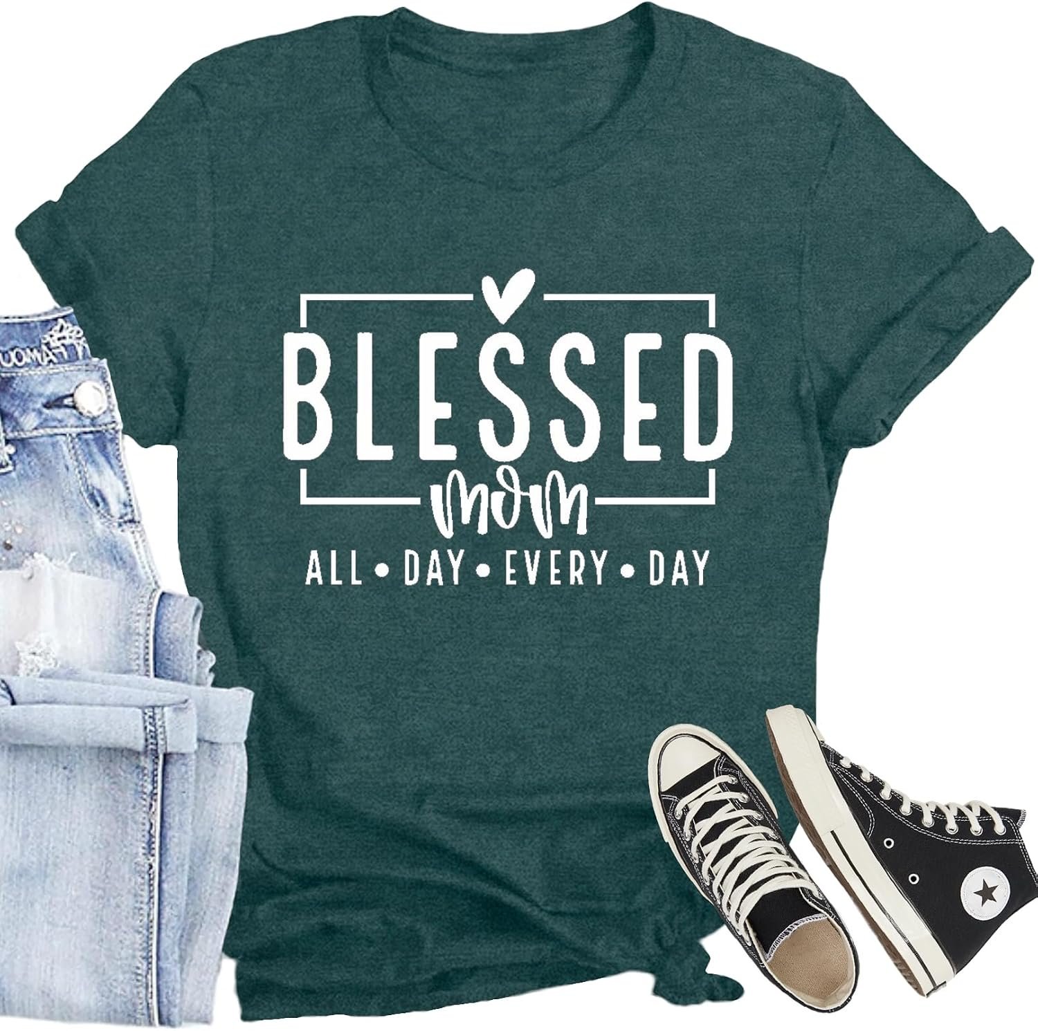 Women Mom Shirt Blessed Mom All Day Every Day Letter Print T-Shirt Best Mama Tee Tops