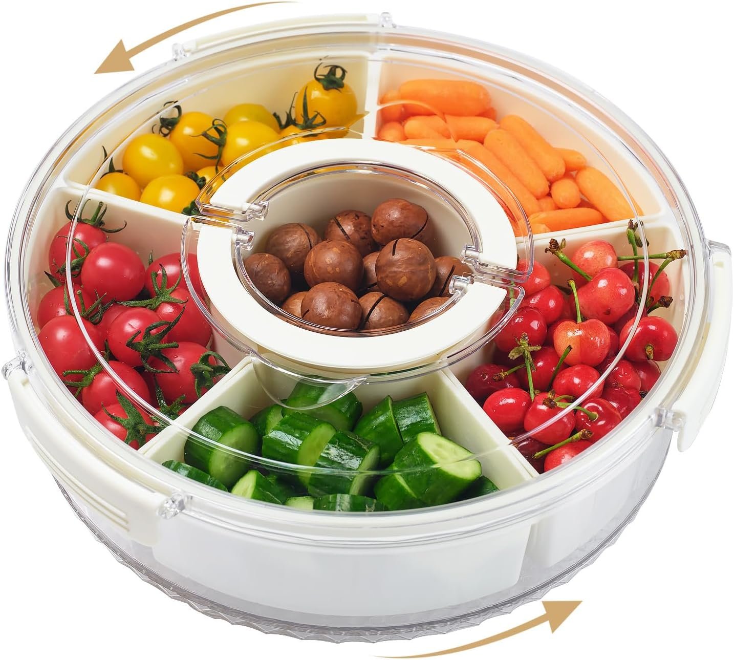 Rotating Divided Serving Tray with Lid and Handle,6 Compartments Snackle Box Container,12″ Large Snack Spinner Lazy Susan,Fruit Veggie Tray Portable Round Snack Box Candy Fridge Organizer Platterbox