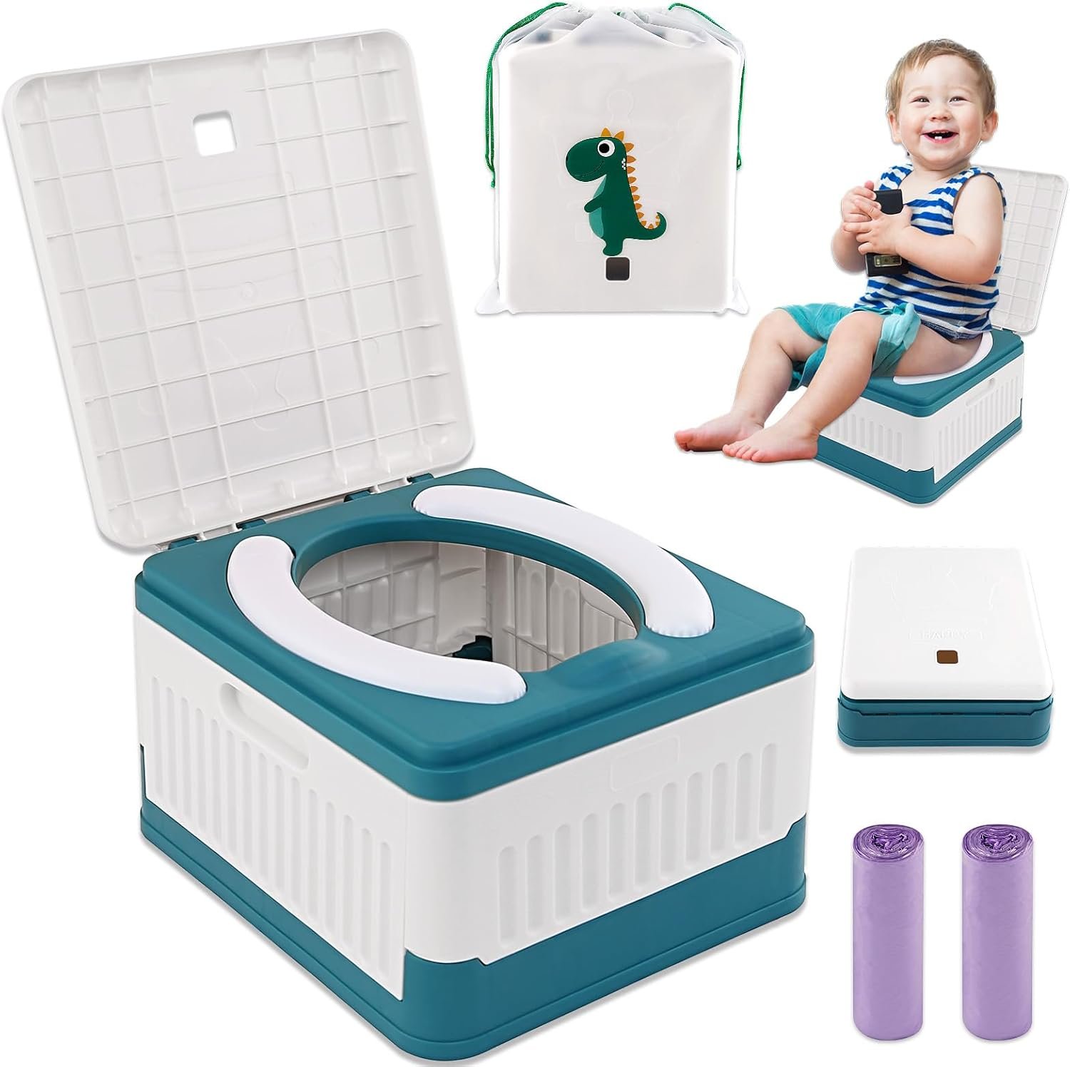 Fabulas Portable Potty for Toddler Travel, Foldable Travel Potty Training Toilet Seat for Kids Boys Girls, Emergency Mobile Toilet In Car for Camping Outdoor Indoor, with 30 Disposable Bags, Blue