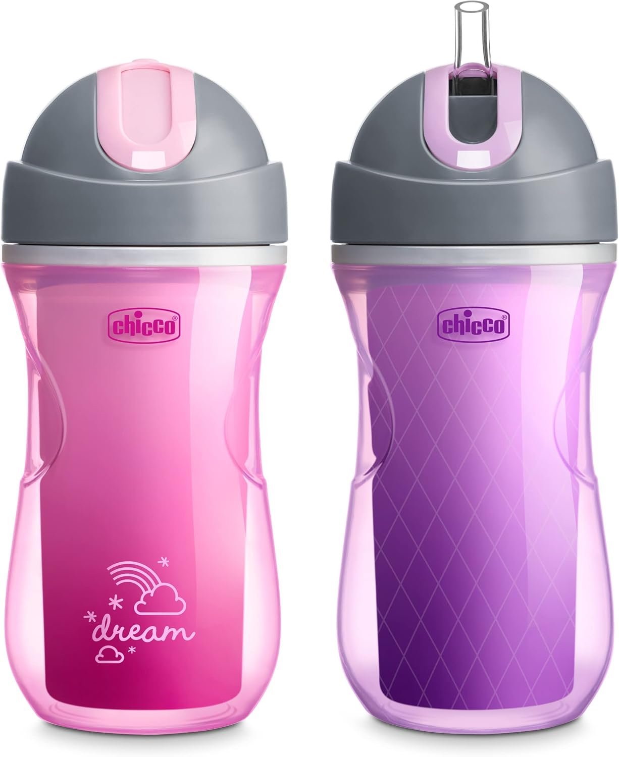 Chicco Insulated Straw Sippy Cup 12+ Months, 9oz Toddler Training Cup with Spill-Free Flip-Top Lid, BPA-Free 2-Pack, Dream Pink/Purple