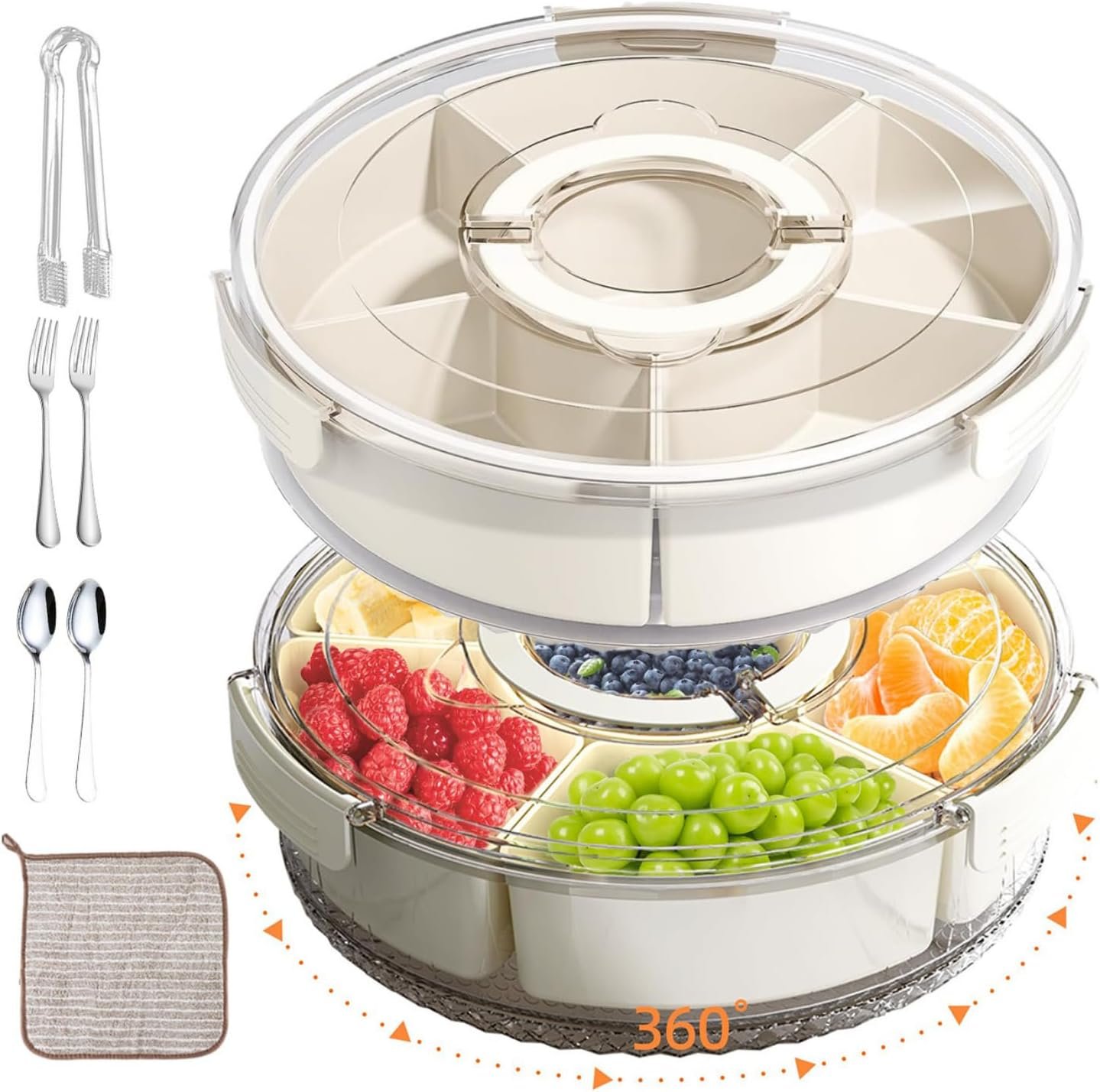 2 Pack Rotating Snackle Box Container with Lid and Handle | 6 Compartments Round Lazy Susan 360° Divided Serving Tray, Portable Clear Organizer for Fruit, Candy, Veggies, Charcuterie, Party & Picnic