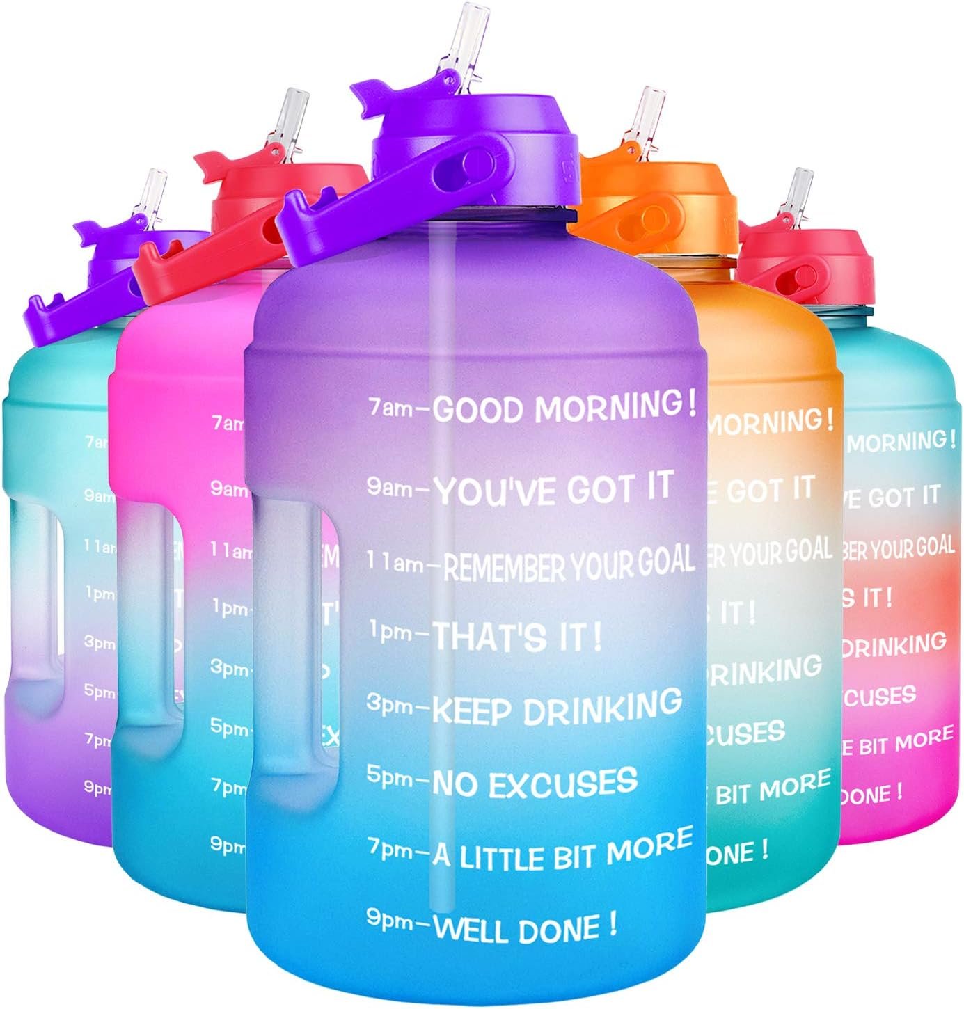 QuiFit 1 Gallon Water Bottle – with Straw & Motivational Time Marker Leak-Proof BPA Free Reusable Gym Sports Outdoor Large(128OZ/73OZ) Capacity Water Jug