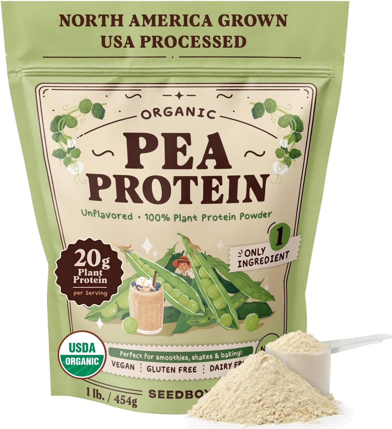 Seedboy Organic Pea Protein Powder Unflavored, 1 lb, 20g Plant-Based Protein, USA Processed & USA/Canada Grown, Vegan, Dairy-Free, Soy-Free, Gluten-Free, Glyphosate-Free, Unsweetened