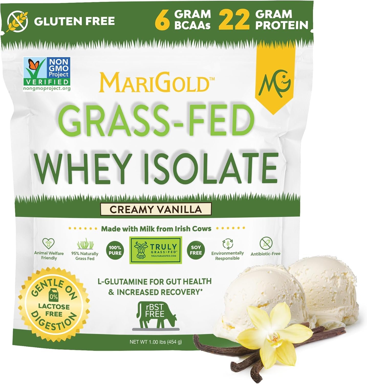 MariGold Grass-fed Whey Protein Isolate Powder – Creamy Vanilla Flavor – 1 Lb Bag | 100% Pure, Cold-Processed, Micro-Filtered, Undenatured, Non-GMO, rBGH Free, Soy Free, Gluten Free, Lactose Free