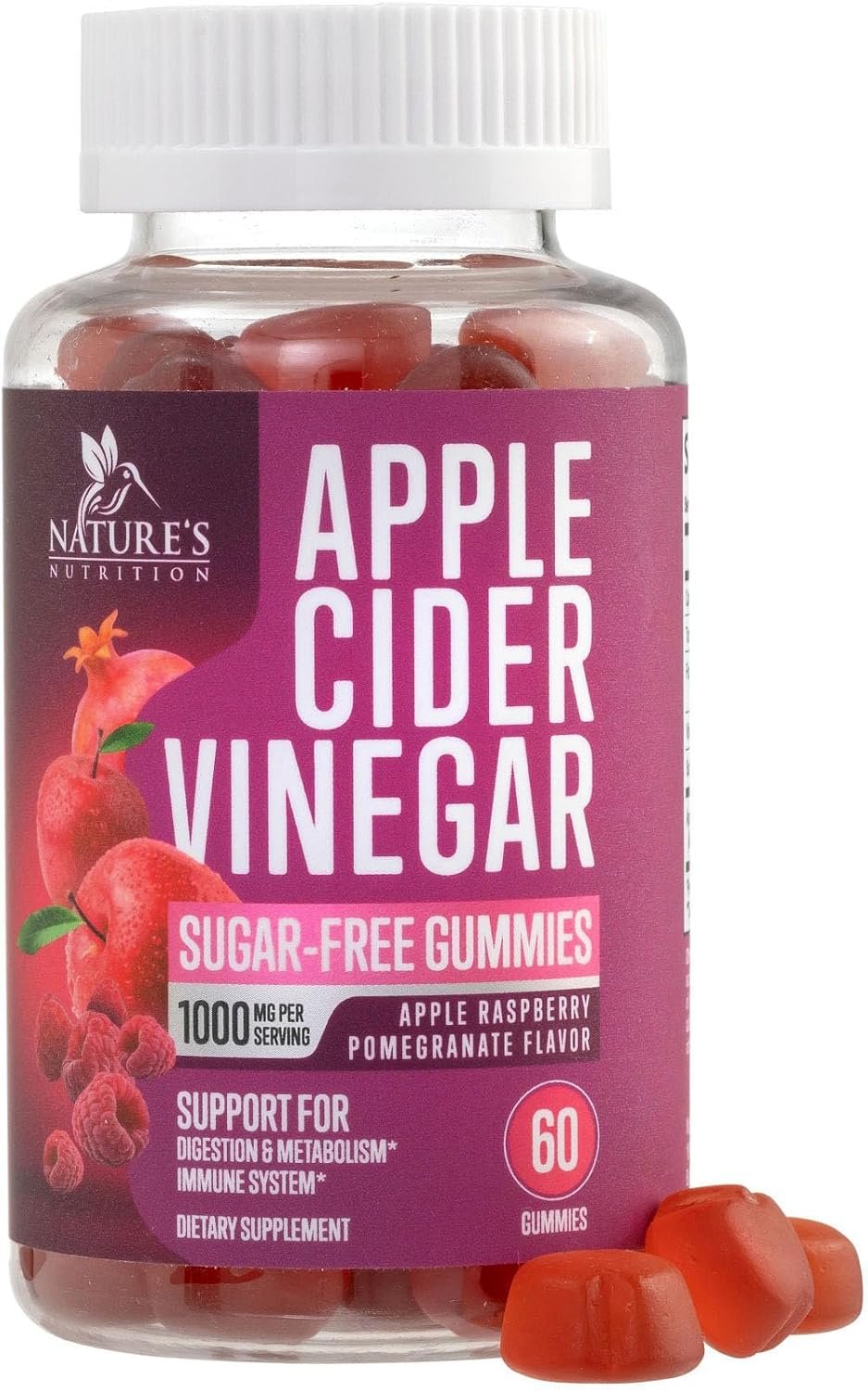 Apple Cider Vinegar Gummies 1000mg per Serving – Sugar Free Max Strength ACV Gummy Vitamins Supplement, Advanced Formula, Vitamin B12 Supports Metabolism & Energy, Keto Friendly, Vegan, 60 Gummies