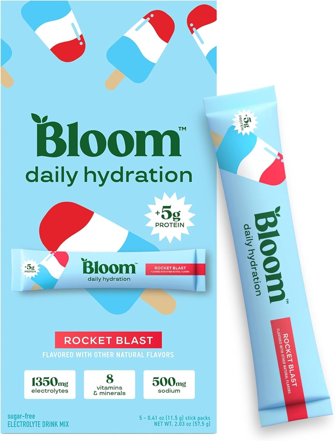 Bloom Daily Hydration Electrolyte Powder Packets with Collagen, 5g Protein, Electrolytes, Vitamins & Minerals, Sugar Free Drink Mix, Rocket Blast, 5 Count