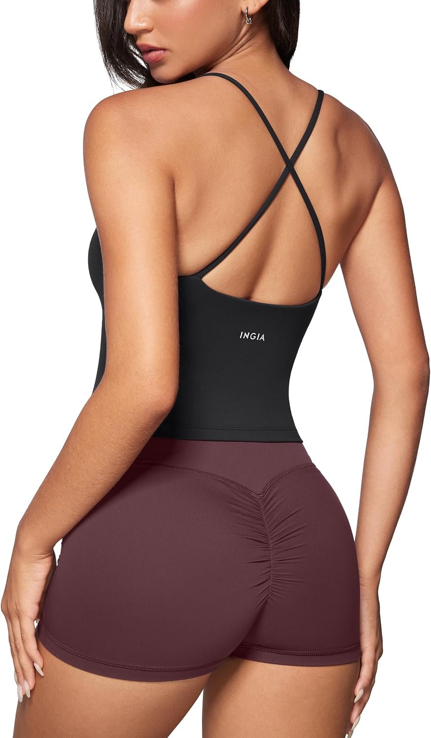 INGIA Womens Low Scoop Neck Tank Tops Built in Bra U Back Workout Tanks Spaghetti Criss Cross Strap Sleeveless Cropped Top
