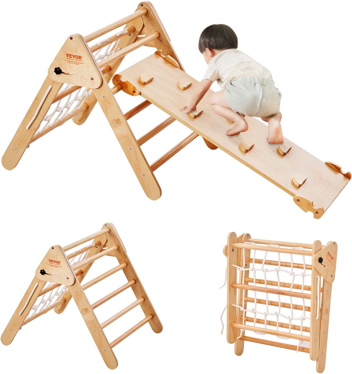 VEVOR Pikler Triangle Set Climber 4 in 1, Montessori Foldable Climbing Set, Large Size Toddler Climbing Toys Indoor with Triangle and Ramp for Kids (Wooden Color)