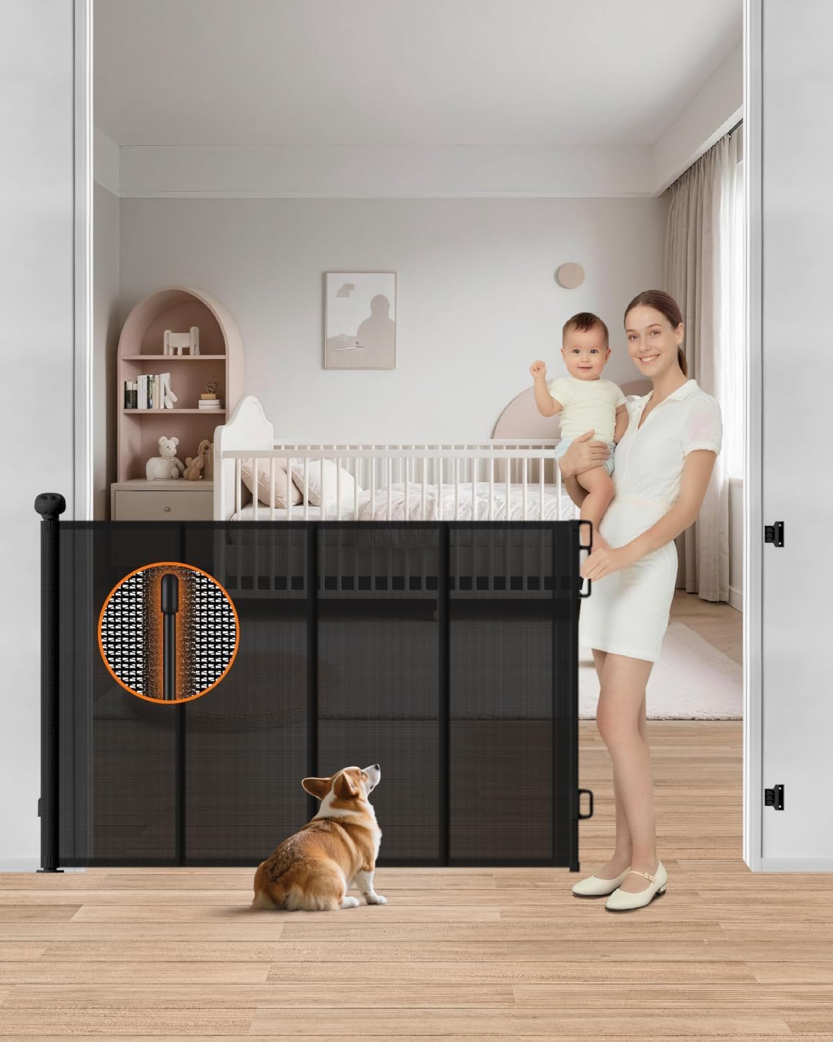 Retractable Baby Gate, 55″ Wide Reinforced Mesh Baby Gate with 4 Fiberglass Support Rods for a Tighter Fit, 34″ Tall Retractable Dog Gate for Stairways, Hallways and Doorways, Black