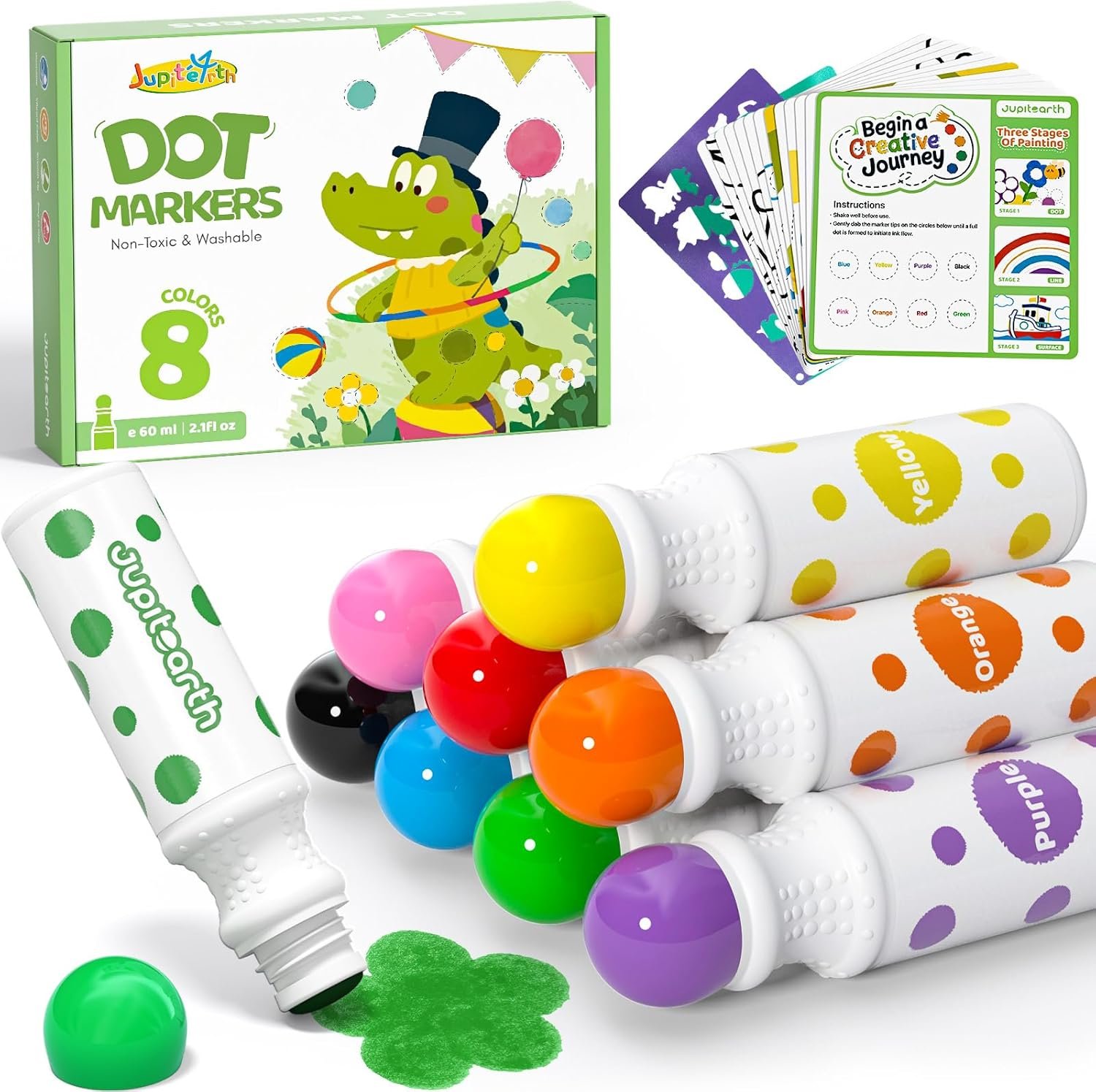 JUPITEARTH 22 PCS Dot Markers for Toddlers, 8 Colors Washable Bingo Daubers with 120 PDF & 12 Printed Activity Papers 2 Stencils, Non-Toxic Dot Paint for Toddler 1-3, Markers for Kid Arts and Crafts