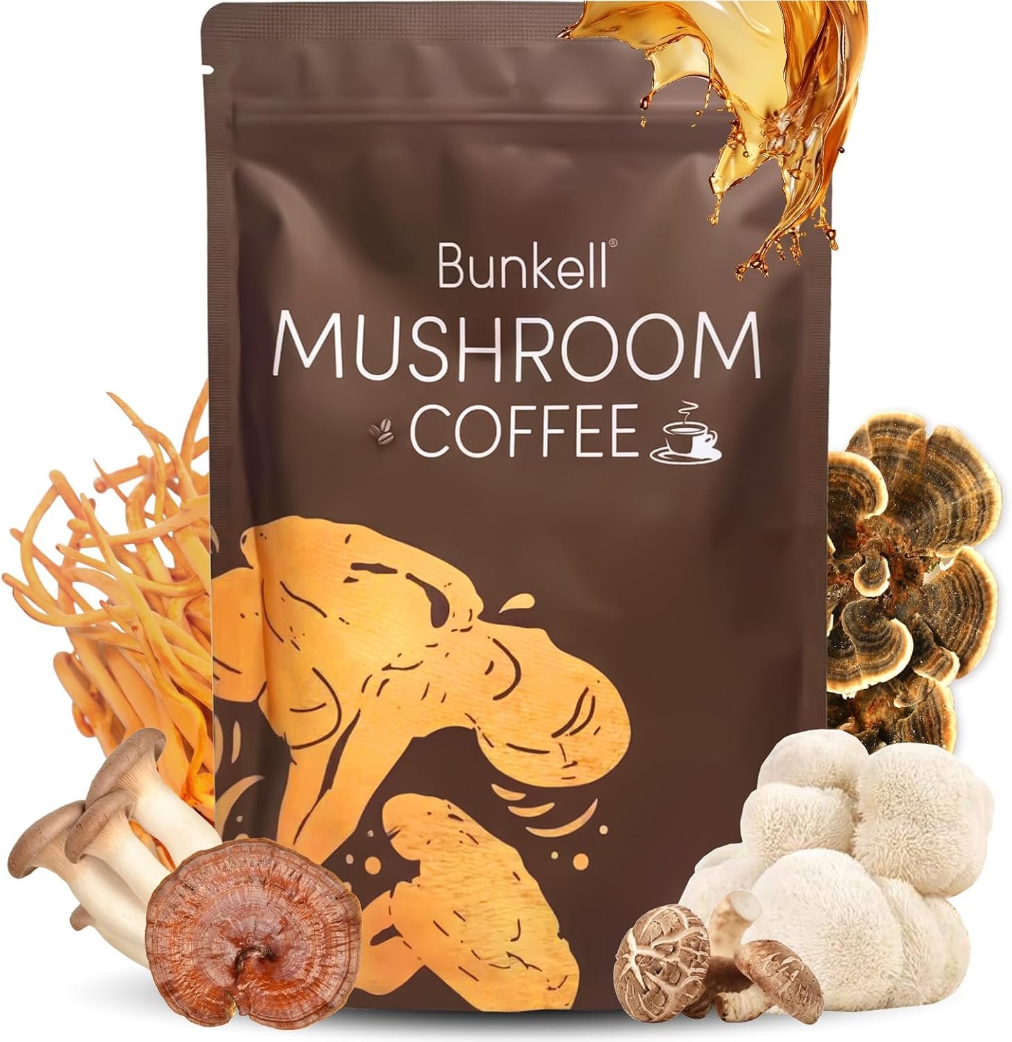 Bunkell Mushroom Coffee, Instant Coffee Blend with 6 Adaptogenic Mushrooms (Lion’s Mane, Reishi, Cordyceps, Shiitake, King Trumpet & Turkey Tail) for Energy, Digestion & Immune Support, 30 Servings