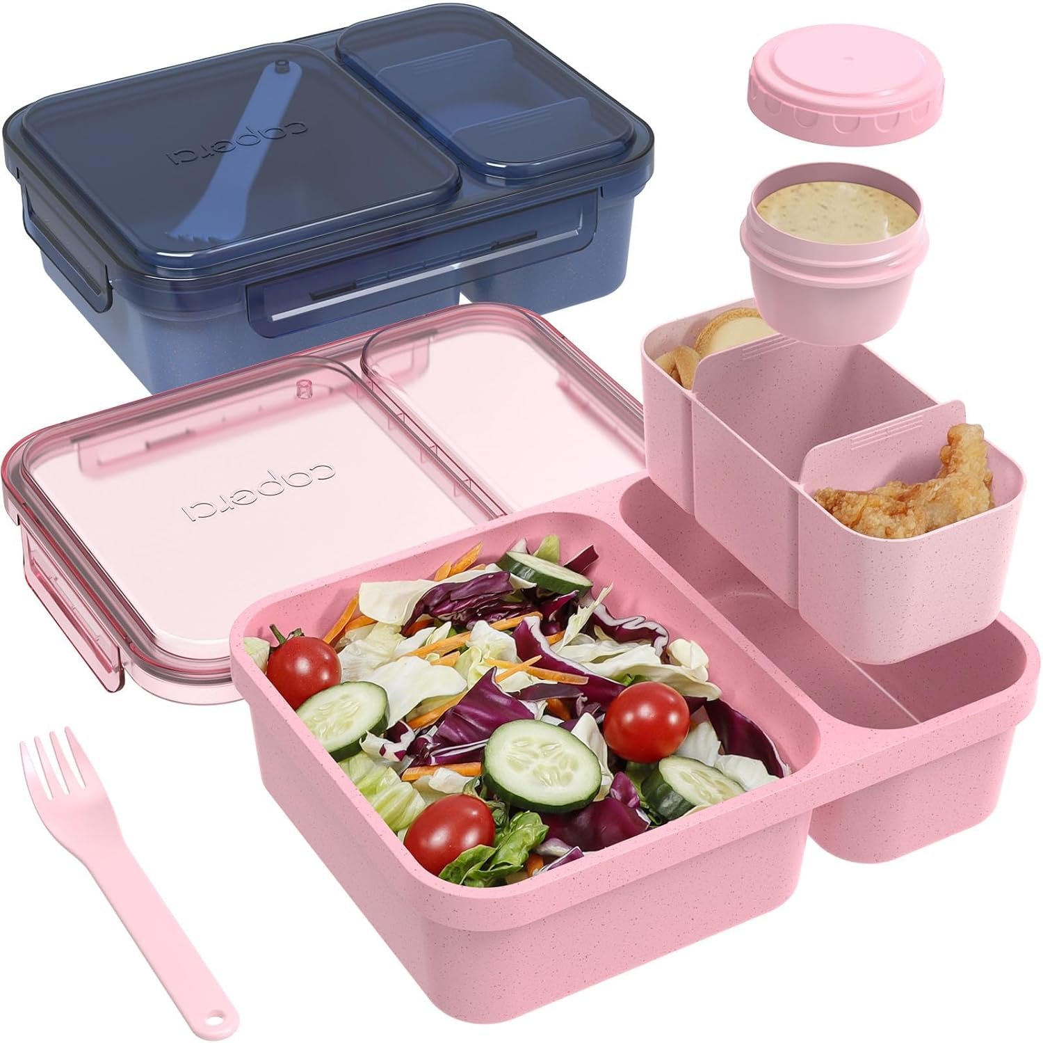 Caperci 2 Pack Salad Containers – Extra-Large 62oz Bento Lunch Box for Adults, 2-Compartment Meal Prep Container with Removable Toppings Tray, Sauce Cup, Reusable Fork, BPA-Free (Navy & Pink)