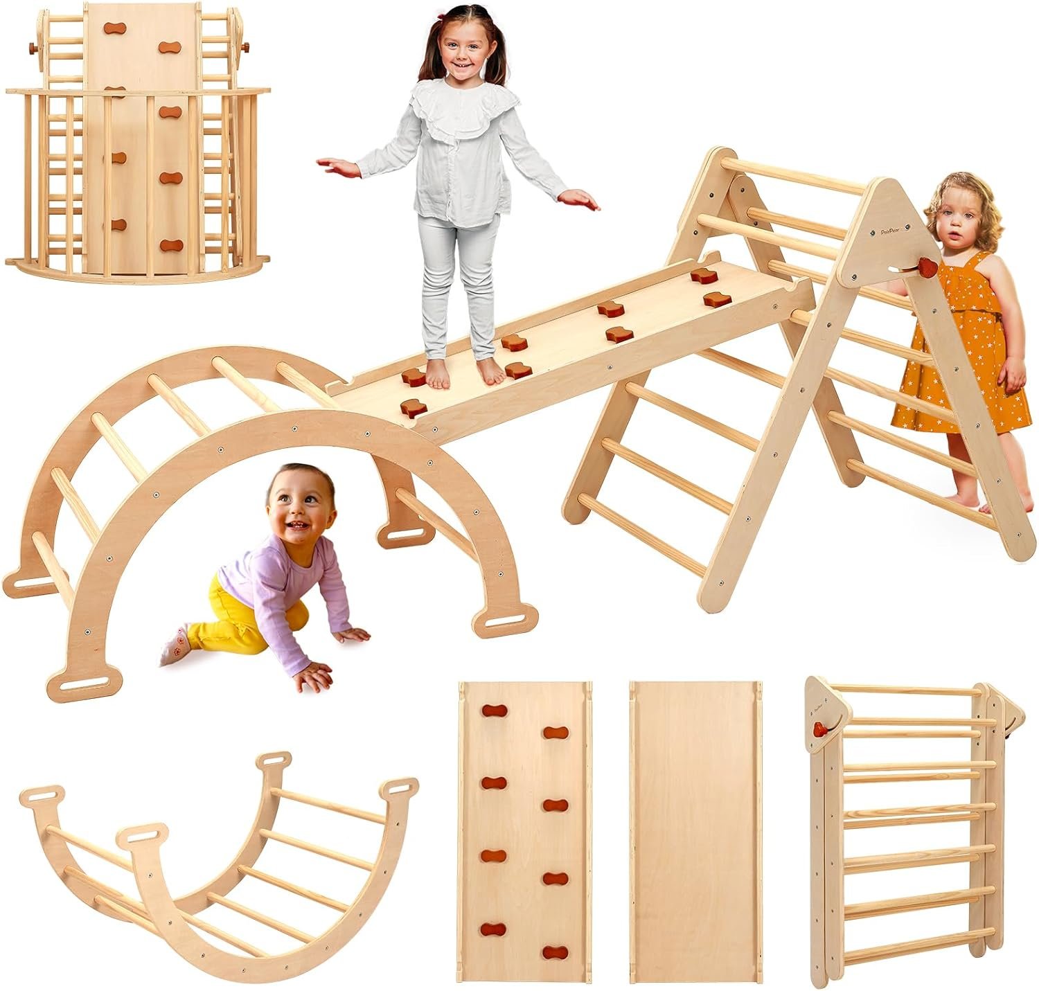 PairPear Foldable Pikler Triangle Climbing Set for Kids, 7 in 1 Montessori Large Wooden Climbing Toys Indoor Jungle Gym with Rocker Arch, Ramp & Slide for Toddlers 18 Months+