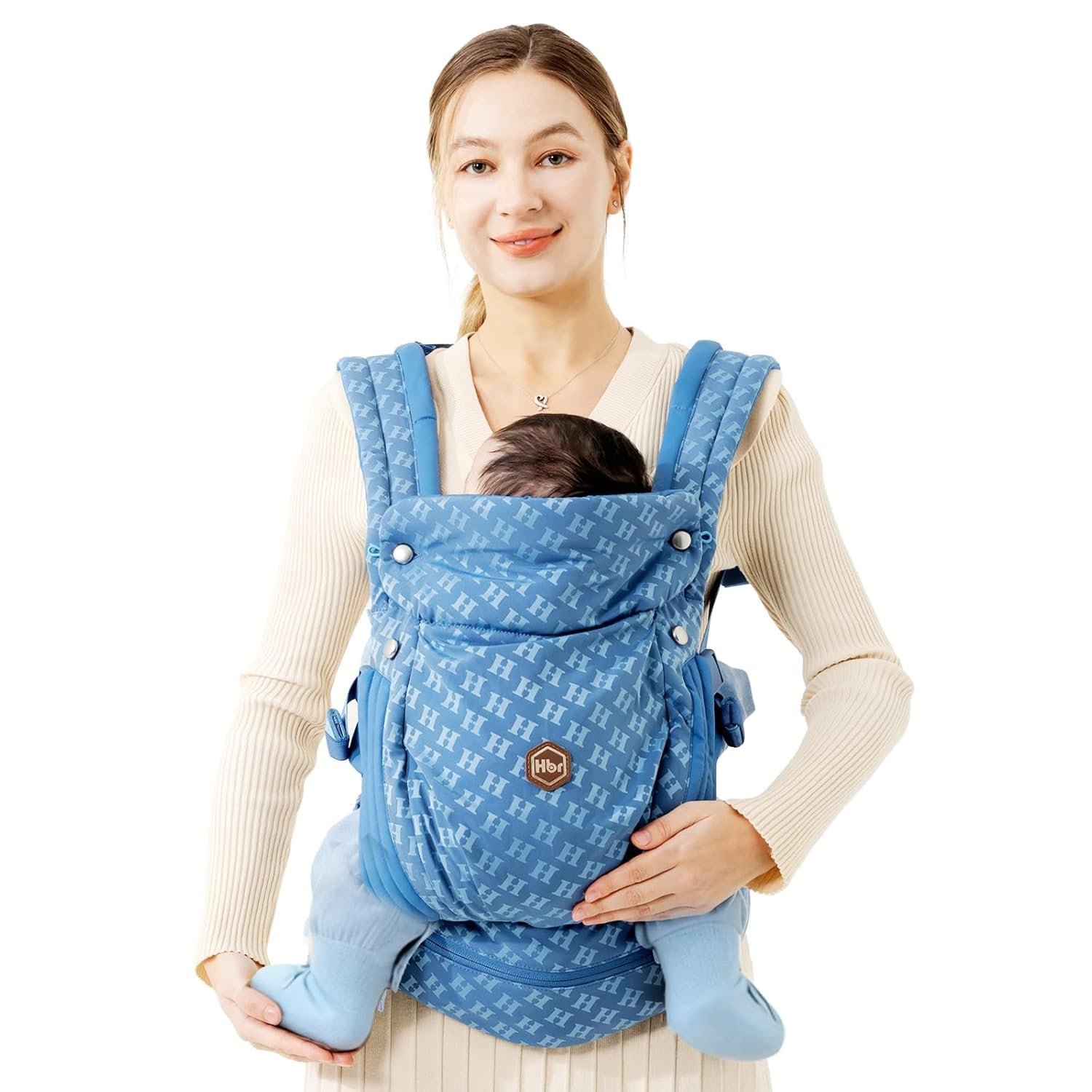 HBR Ergonomic Baby Carrier, Soft & Comfortable with Adjustable Head Support and Sleep Hood, Lightweight & Easy to Wear, 6-in-1 Hands-Free Carrier for Newborn to Toddler (7–45 lbs), AirMesh Starry Blue